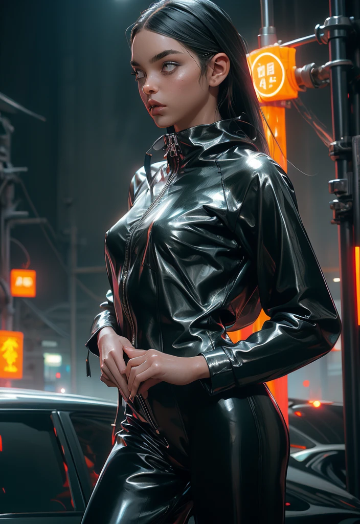 there is a woman in a schwarzes Latex outfit holding a knife, Latexanzug und Regenmantel, wearing schwarzes Latex outfit, schwarzes Latex, Latex glänzend, Latex tragen, glänzend und tropfend, schwarzes Latex suit, in Schwarz gehüllt tentacles, latex domme, trage ein Atsuko Kudo Latex-Outfit, cyberpunk glossy latex suit, in Schwarz gehüllt, trägt einen schwarzen Catsuit