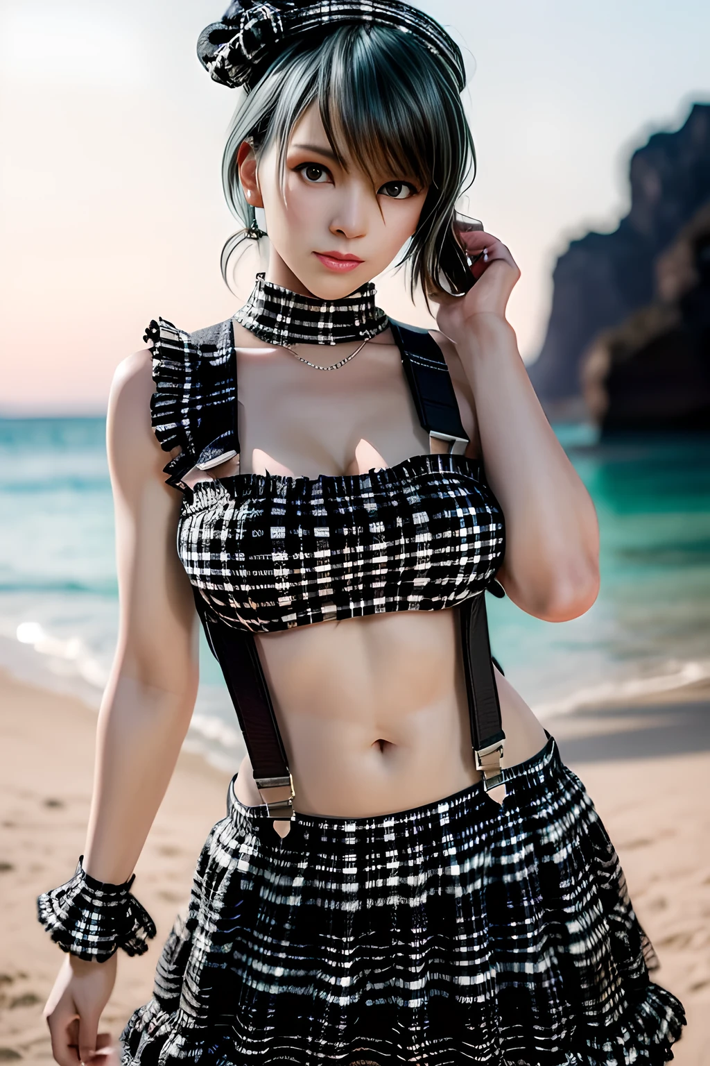 1girl, BREAK (black and white theme:1.4),  (sleeveless black and white [plaid pattern] sundress:1.4), (bare shoulders:1.3), (suspenders with frills:1.2), (tiered skirt with ruffles:1.3), (knit arm warmers:1.3),  , appealing cleavage,( beautiful tattoo:1.2), overhead view, beautiful detailed eyes, beautiful detailed lips, extremely detailed eyes and face, long eyelashes, feminine charm, detailed texture, snug fit, fashionable, soft fabric, radiant skin, (best quality,4k,8k,highres,masterpiece:1.2), ultra-detailed, (realistic,photorealistic,photo-realistic:1.37), tamaki