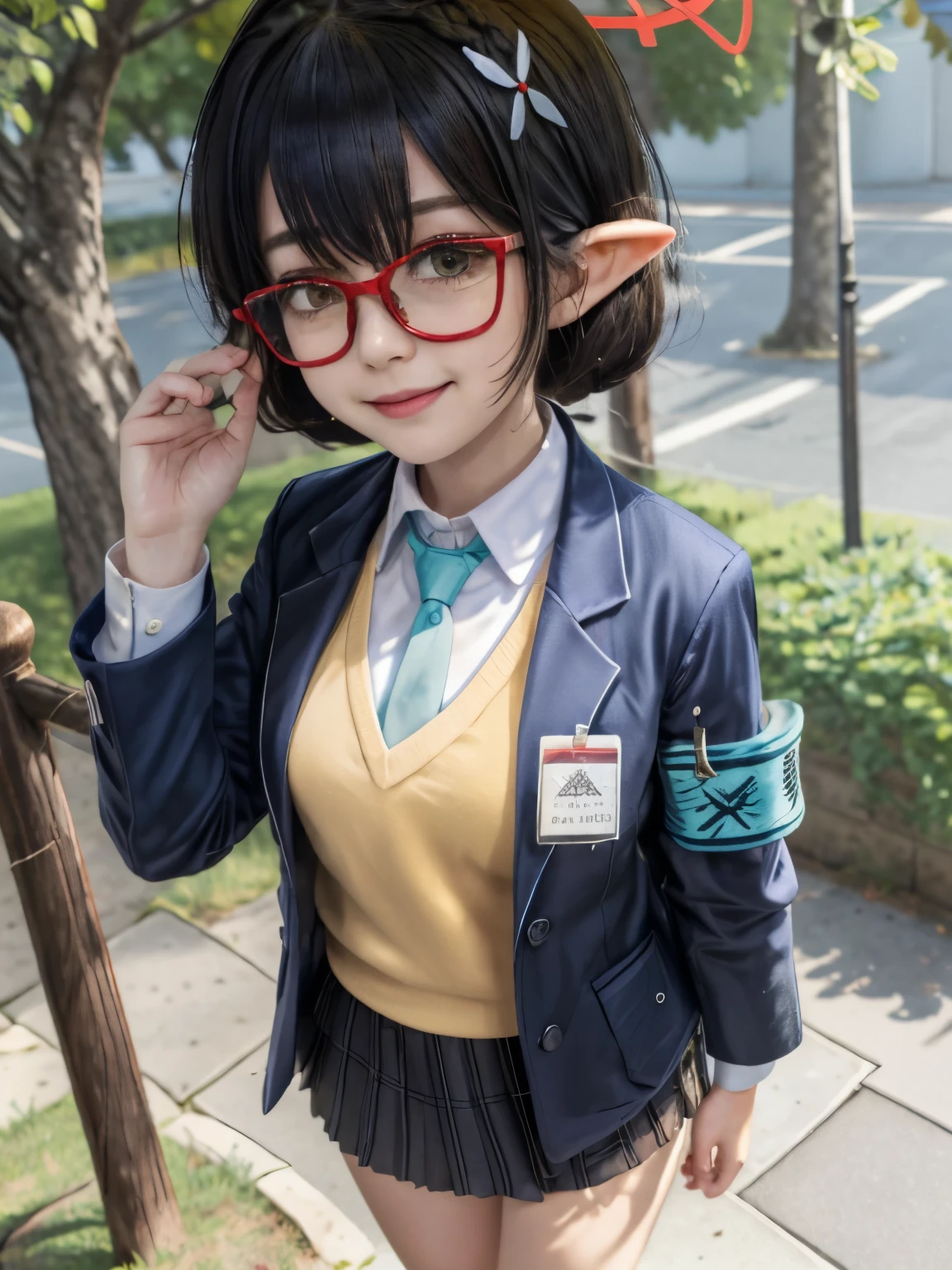 Masterpiece, hd, realistic, cosplayer, 1girl, ayane \(blue archive\),halo, glasses, solo, pointy ears, armband, necktie, simple background, jacket, hair ornament, smile, outdoor, short hair, id card, UNiform, looking at viewer, black hair, blue necktie, shirt, red-framed eyewear, white shirt, blue jacket, braid, yellow eyes, sweater vest, hair flower, flower, hair between eyes, blazer, closed mouth, bangs, brown eyes, highres,masterpiece, best quality, standing, outdoor 