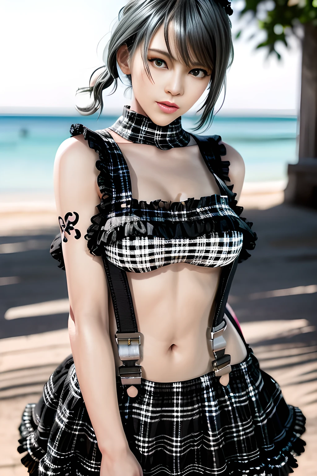 1girl, BREAK (black and white theme:1.4),  (sleeveless black and white [plaid pattern] sundress:1.4), (bare shoulders:1.3), (suspenders with frills:1.2), (tiered skirt with ruffles:1.3), (knit arm warmers:1.3),  , appealing cleavage,( beautiful tattoo:1.2), overhead view, beautiful detailed eyes, beautiful detailed lips, extremely detailed eyes and face, long eyelashes, feminine charm, detailed texture, snug fit, fashionable, soft fabric, radiant skin, (best quality,4k,8k,highres,masterpiece:1.2), ultra-detailed, (realistic,photorealistic,photo-realistic:1.37), tamaki