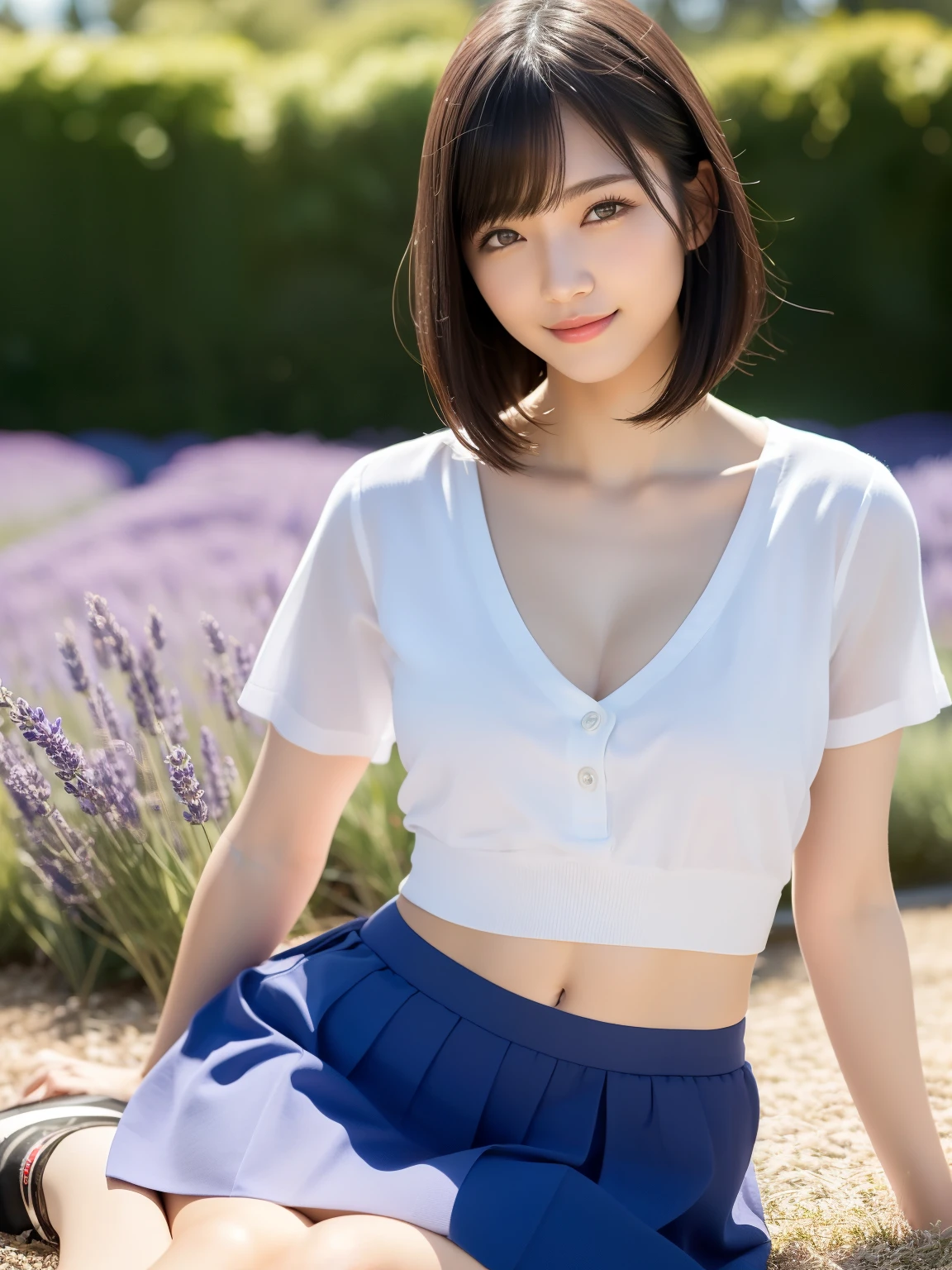 (highest quality:1.5)、(Realistic:1.5)、(1 person:1.5)、Very detailed、High resolution、8k、medium breasts、Natural color lips、Cute Smile、Japanese women、20-year-old girl、Beautiful and elegant face、Perfect and beautiful face、Balanced big eyes、Brunette eyes、Beautiful and elegant face、Natural double eyelids、Natural Bangs、Beautiful thin nose、Beautiful Skin、(Medium Bob Hair)、Natural Bangs、Perfect and beautiful face、Slim face and figure、Look at the viewers、white shirt short sleeves, navy pleated micro miniskirt,、Knee-high socks、Beautiful navel、Open the navel、The navel is visible、High-angle composition、(Staring at the camera with a sweet smile)、Bright lighting、Professional Lighting、Forward lighting、Beautiful feet:1.2、Smooth Skin、Slim Body、Slim waistline、slim thin thighs、Sit on the ground、Cleavage、Lavender Fields、Lavender blooming hill、