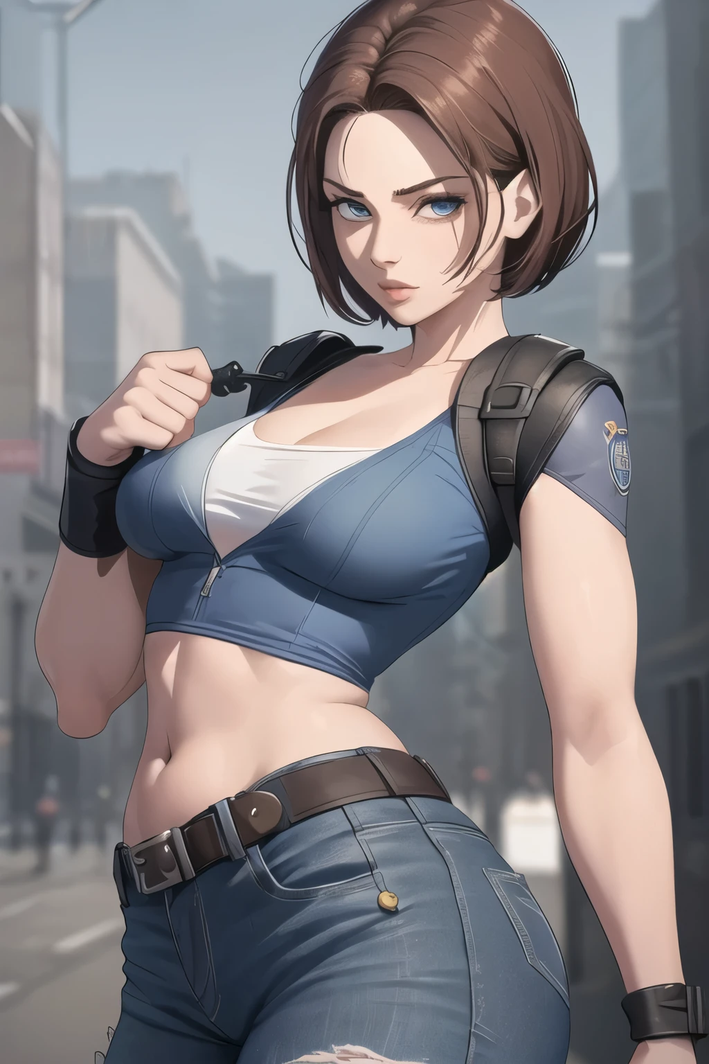 (Kunstwerk, Bessere Qualität:1.2), Jill Valentine, 1 Mädchen, seitliche Haltung, Sie hat ihren Körper auf ihrer Seite, seitlich zum Betrachter, fingerless Handschuhe, Handschuhe, blaue Augen, kurzes Haar, braune Haare, Allein, Halfter, gespreizte Beine, Brüste, Hose, Regatta, Gürtel, large Brüste, black Handschuhe, zur Seite schauen, shoulder Halfter, Ellbogenschützer, thigh Halfter, parted Lippen, Lippen, blue Regatta, Blaues Shirt, kontrastiert, verschwommen, Jeans, Schlüsselbein, Neugestaltung, ärmellos, Jill Valentine,