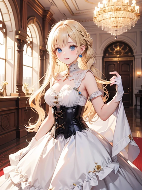 masterpiece, highest quality, Very detailed, 16k, Ultra-high resolution, Wide-angle shot, 14-year-old girl, Perfect Fingers, Detailed face, blue eyes, Blonde, Braid, Long Hair, Red gorgeous dress, corset, Long Skirt, Drawers, White long gloves, royal palace, Dance Venues, Evening Party, chandelier, Nobles in the background