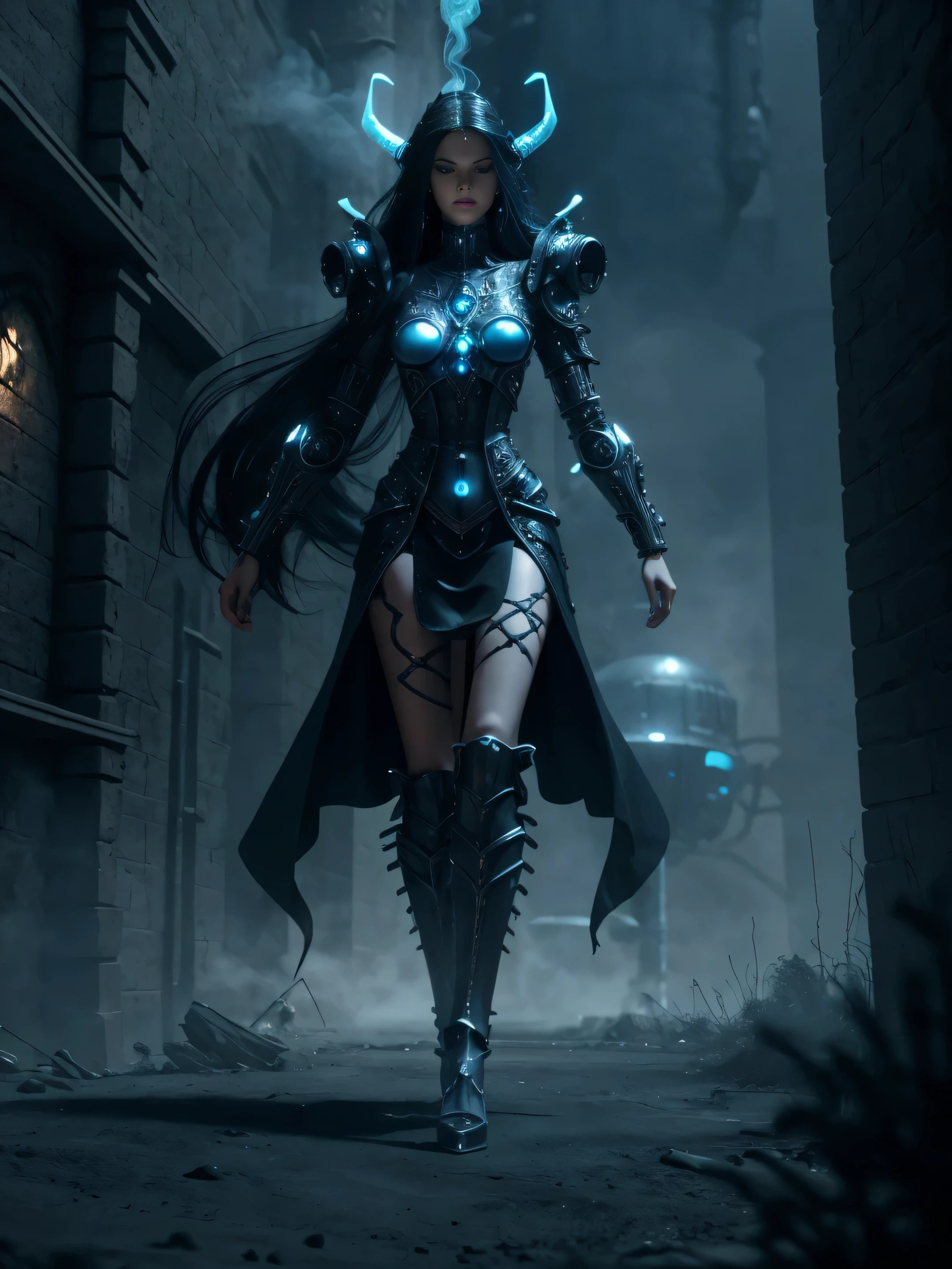 full body fantasy image medieval viking goddess controlling a complicated extraterrestrial alien machine long black hair blue eyes white skin tall graceful long legs pipes gears smoke steam 3d elaborate apro details twilight foreboding gloomy futuristic