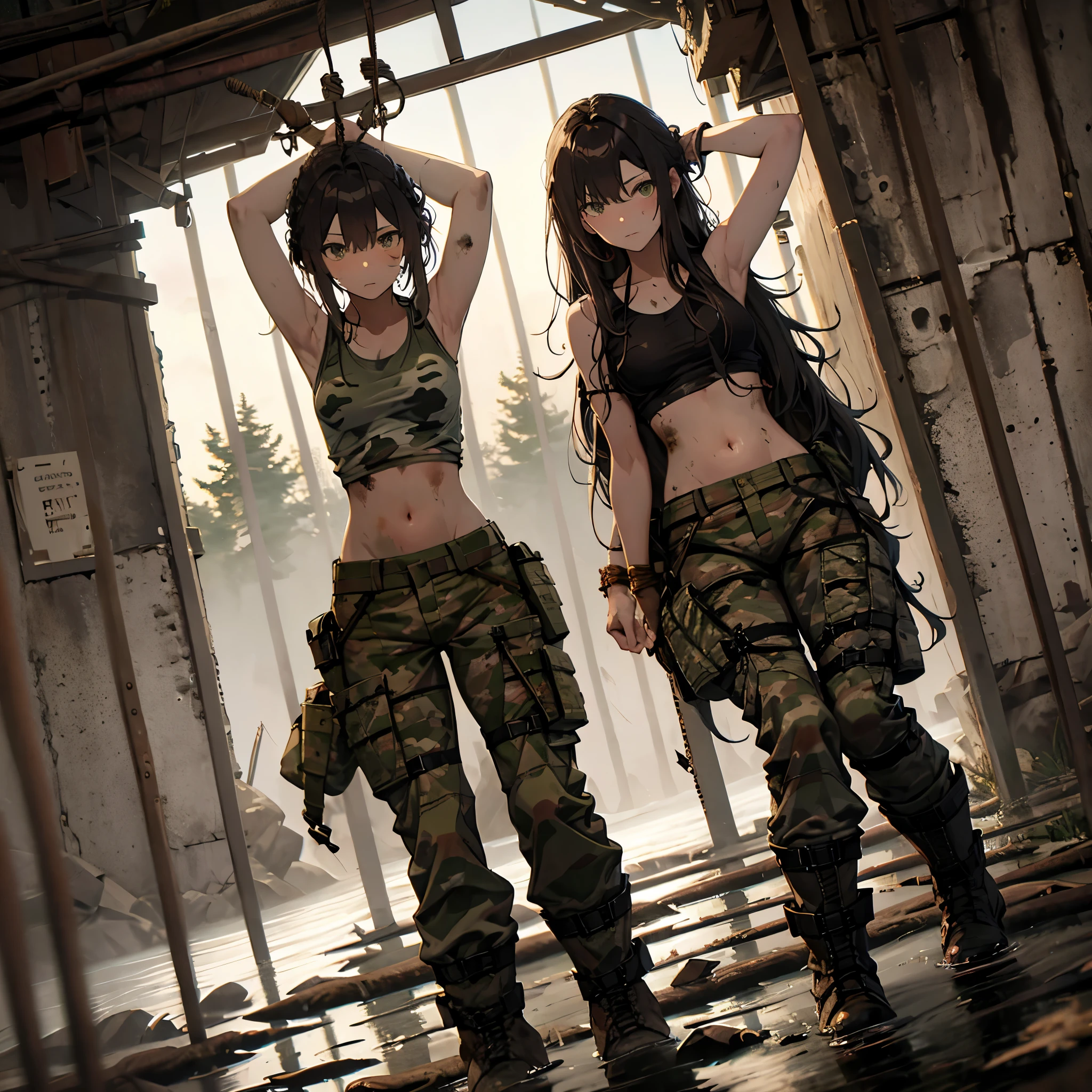 A group of  female soldiers, (in swamp), various hair styles, tank top, harem, beautiful leg, midriff, camouflage military trousers, showings off armpits, seducing, dirty, tied wrist with rope 