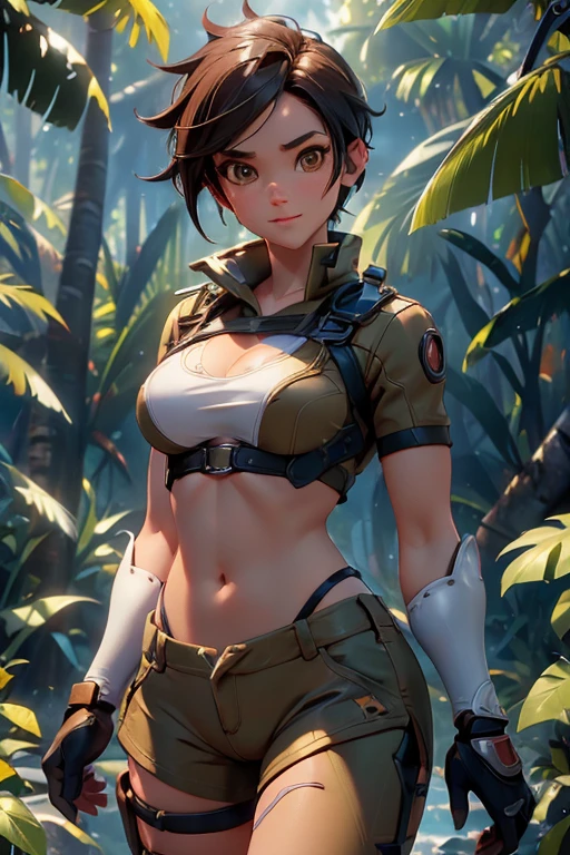 1girl, exploring a beautiful rainforest, paradise, (masterpiece), (best quality), tracerover, 25 years old, brown hair, spiked hair, short hair, Lara Croft style shorts and crop top, orange goggles, ((detailed)), ((best quality)), ((masterpiece)), extremely detailed CG unity 8k wallpaper, 32k, focus sharp, photo of perfecteyes eyes, perfecteyes eyes, Masterpiece, raw, beautiful art, professional artist, 8k, very detailed face, very detailed hair, perfectly drawn body, beautiful face, very detailed eyes, smiling, rosey cheeks, intricate details in eyes, perfect fit body, beautiful body, extremely detailed, intricate details, highly detailed, sharp focus, detailed skin, realistic skin texture, texture, detailed eyes, high resolution, kodak vision color, foto_\(ultra\), post-processing, maximum detail, roughness, real life, ultra realistic, photorealism, photography, absurdres, RAW photo, highest quality, high detail RAW color photo, professional photo, extremely detailed UHD 8k wallpaper unit, best quality, highres, (masterpiece, top quality, high resolution:1.4), photo, cinematic, film grain, sharp, soft natural light, magic photography, super detailed, anatomically correct, perfect anatomy, cameltoe.