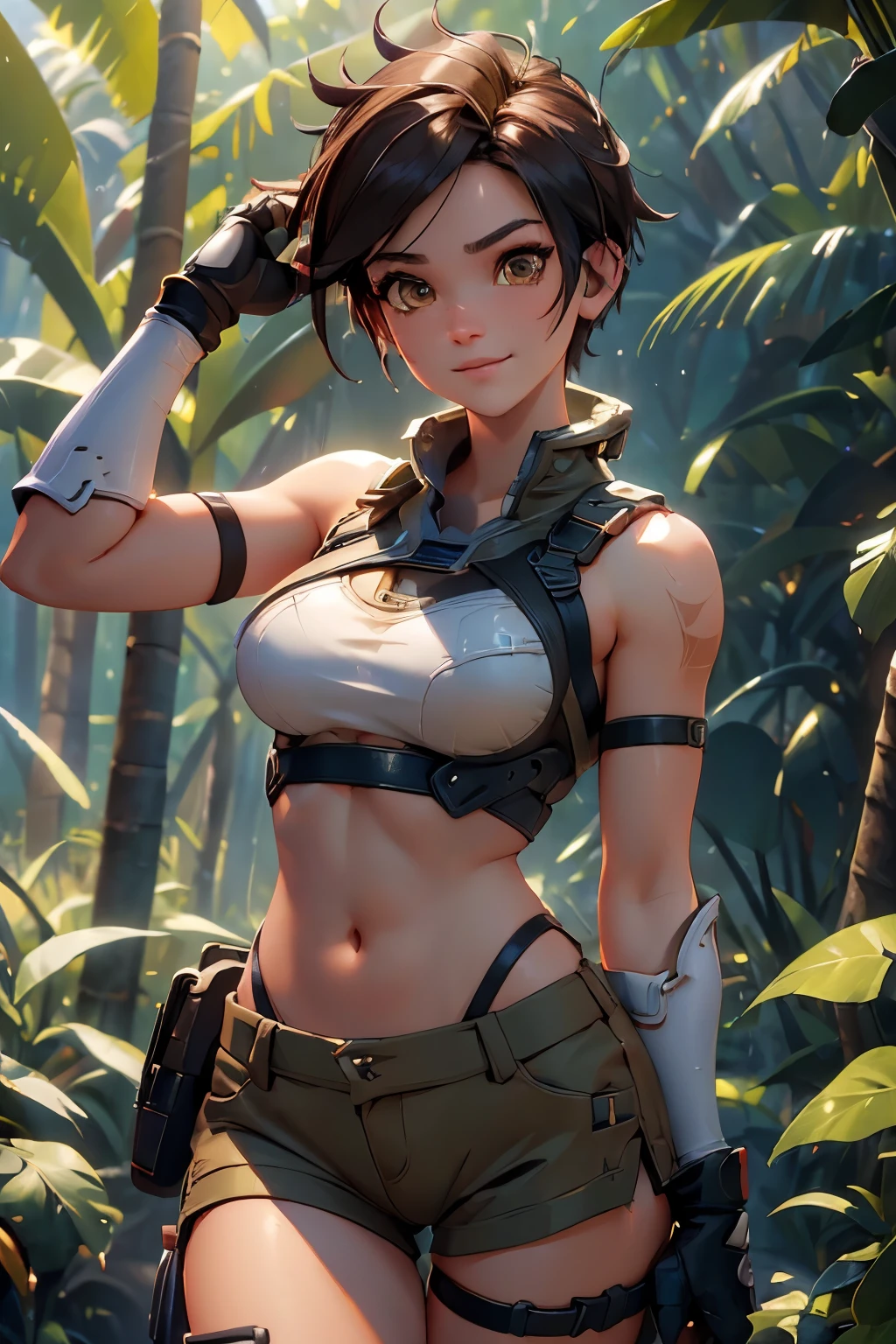 1girl, exploring a beautiful rainforest, paradise, (masterpiece), (best quality), tracerover, 25 years old, brown hair, spiked hair, short hair, Lara Croft style shorts and crop top, orange goggles, ((detailed)), ((best quality)), ((masterpiece)), extremely detailed CG unity 8k wallpaper, 32k, focus sharp, photo of perfecteyes eyes, perfecteyes eyes, Masterpiece, raw, beautiful art, professional artist, 8k, very detailed face, very detailed hair, perfectly drawn body, beautiful face, very detailed eyes, smiling, rosey cheeks, intricate details in eyes, perfect fit body, beautiful body, extremely detailed, intricate details, highly detailed, sharp focus, detailed skin, realistic skin texture, texture, detailed eyes, high resolution, kodak vision color, foto_\(ultra\), post-processing, maximum detail, roughness, real life, ultra realistic, photorealism, photography, absurdres, RAW photo, highest quality, high detail RAW color photo, professional photo, extremely detailed UHD 8k wallpaper unit, best quality, highres, (masterpiece, top quality, high resolution:1.4), photo, cinematic, film grain, sharp, soft natural light, magic photography, super detailed, anatomically correct, perfect anatomy, cameltoe.