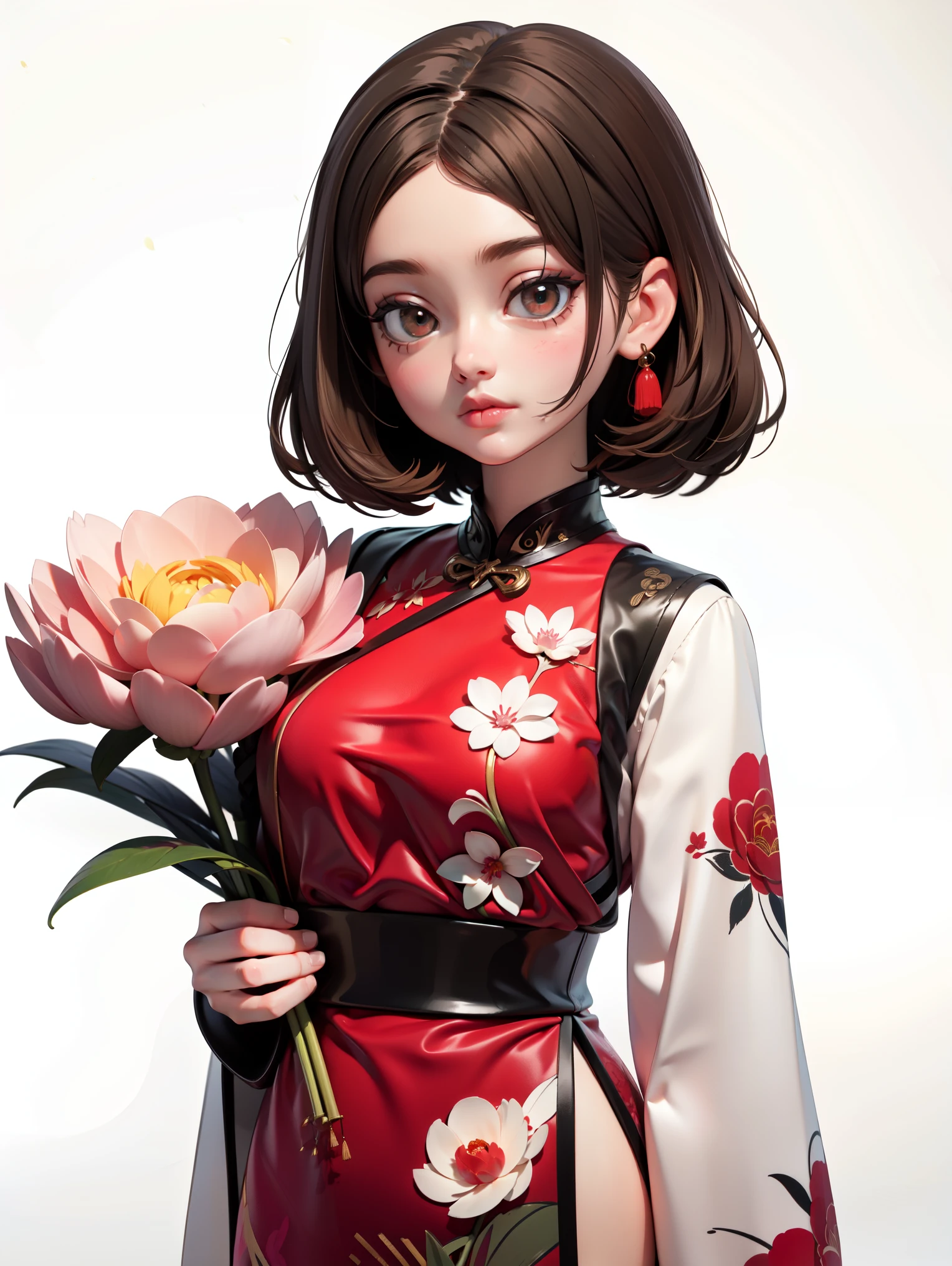 1girl,solo, an animated character with brown hair and large, expressive eyes. She is surrounded by peonies, wearing a traditional Chinese blouse with intricate designs. The overall tone of the image is soft and pastel, with a touch of elegance, masterpiece,best quality,very aesthetic,absurdres,