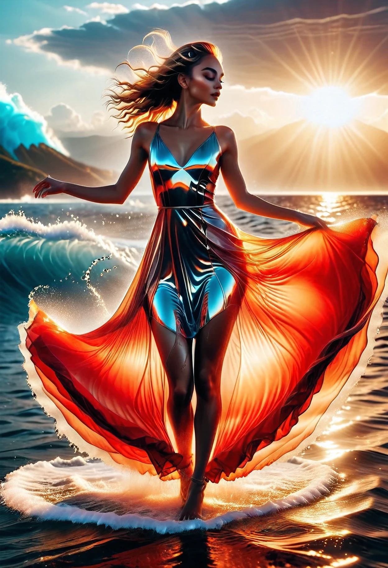 (Dancers on the Sea Surface:1.2), with graceful arms outstretched and twirling shiny_white_skirt, water dress, graces on the Golden_Sea Surface in a breathtaking ultravarium realism , full body panorama, the sunset, bathed in (hues_orange and hue_red)light , sun casts its warm_glow across the scene, reflecting off the shimmering ocean waves,. the dancer's form is intricately detailed, every curve and muscle visible in this high-definition, realistic rendering, detailed textured Splash on the Sea Surface beneath her feet seems to come alive as the sunlight dances upon it, while the sky above is alive with vivid hue_ultraviolet that add an ethereal quality to the scene, She (Dancing on the Sea Surface),8k 16k ,uhd,masterpiece, trending on artstation 