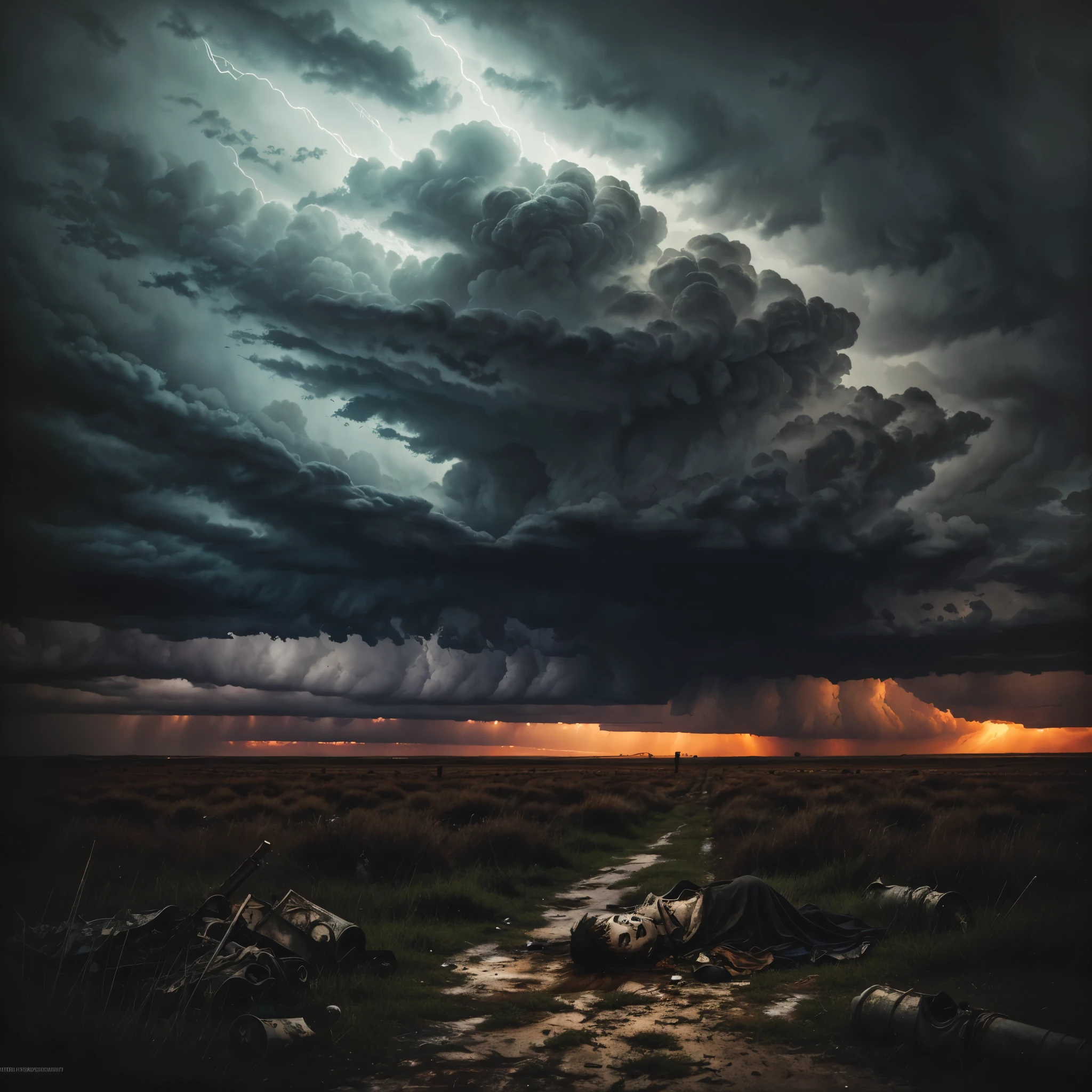 Pintura al óleo estilo esmalte.、  Ilustración de visualización de la muerte。ominosas nubes de tormenta en el fondo、Representa un campo de batalla desolado lleno de soldados caídos y armas rotas..。La temperatura del color se inclina hacia grises fríos y marrones apagados..、Hay una creciente sensación de decadencia y decadencia..。Las expresiones angustiadas de los guerreros caídos.、Transmite las emociones de la vida que trae la muerte..。La iluminación es dura、Proyecta una larga sombra y aumenta la atmósfera de desesperación..。La imagen general es、La solemnidad y la tragedia de la muerte quedan plasmadas de forma impresionante..。
