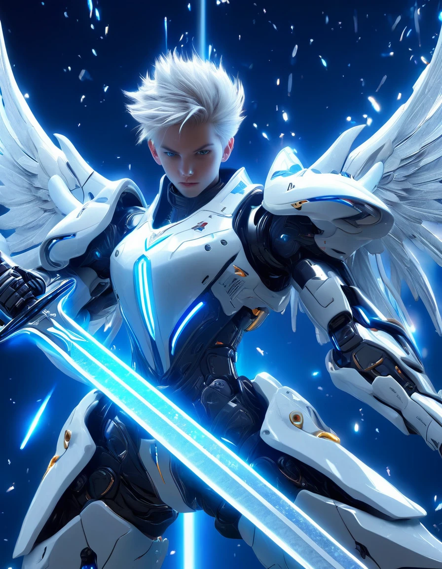 absurd, High resolution, Super detailed), masterpiece, best quality, A boy in a white jacket, Keep a sword, Solitary, Handsome, short hair, white hair, Delicate face, Fighting Stance, Attack Stance, Sword wielding pose, Blue Background, whirlpool, spark, Magic Vortex, ((best quality)), ((masterpiece)), (Very detailed:1.3), 3D, beautiful, (Cyberpunk:1.2), in space, nebula, Keep_arms, (1Female Mecha:1.3), For the audience, Luminescence Eye, whole body, (flight, swoop down, Dynamic, Motion blur: 1.4), (huge Mecha wings: 1.6), look up, Luminescence_Eye, Mecha, panoramic, Background is the earth, nebula, space, particle, Reality, HDR (High Dynamic Range), Ray Tracing, NVIDIA RTX, Super Resolution, Unreal 5, Subsurface scattering, PBR Textures, Post-Processing, Anisotropic filtering, Depth of Field, Maximum clarity and clarity, Multi-layered textures, Albedo and specular reflectograms, Surface shading, Accurate simulation of the interaction between light and material, Perfect proportion, Octane Rendering, Two-color lighting, Large aperture, Low ISO, White Balance, Rule of Thirds, 8K Native, High-efficiency sub-pixel, Sub-pixel convolution,