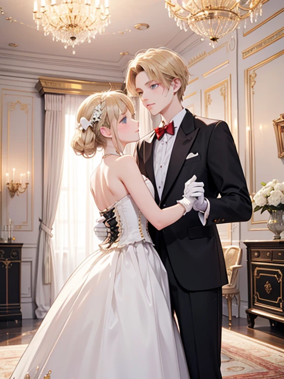 masterpiece, highest quality, Very detailed, 16k, Ultra-high resolution, Wide-angle shot, Dancing couple, Perfect Fingers, Detailed face, blue eyes, Blonde, (14-year-old female, Red gorgeous dress, corset, Long Skirt, Drawers, White long gloves), (14-year-old male, Black tuxedo, Red bow tie, White gloves), royal palace, Dance Venues, Evening Party, chandelier