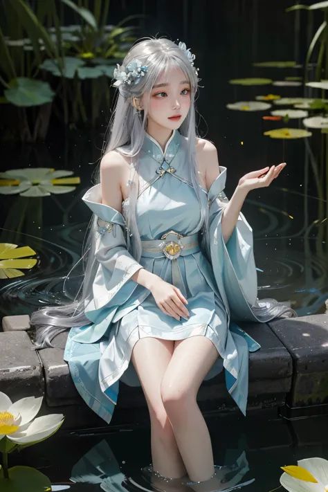 There is a captivating, ethereal beauty, a stunning, young woman, adorned in a flowing, light blue cheongsam, in a serene pond. ...
