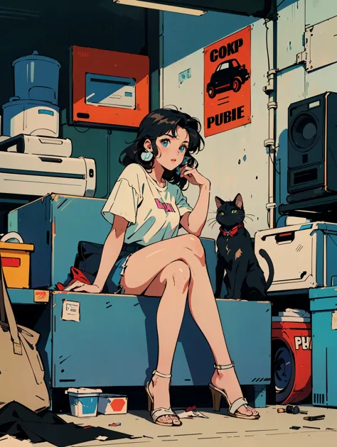 Anime-style girl with short, wavy hair and large expressive eyes, wearing casual clothes and red headphones. She is sitting in front of a vintage blue Porsche 911 in a cluttered garage. The garage has neon lights, colorful posters, and various tools scatte...