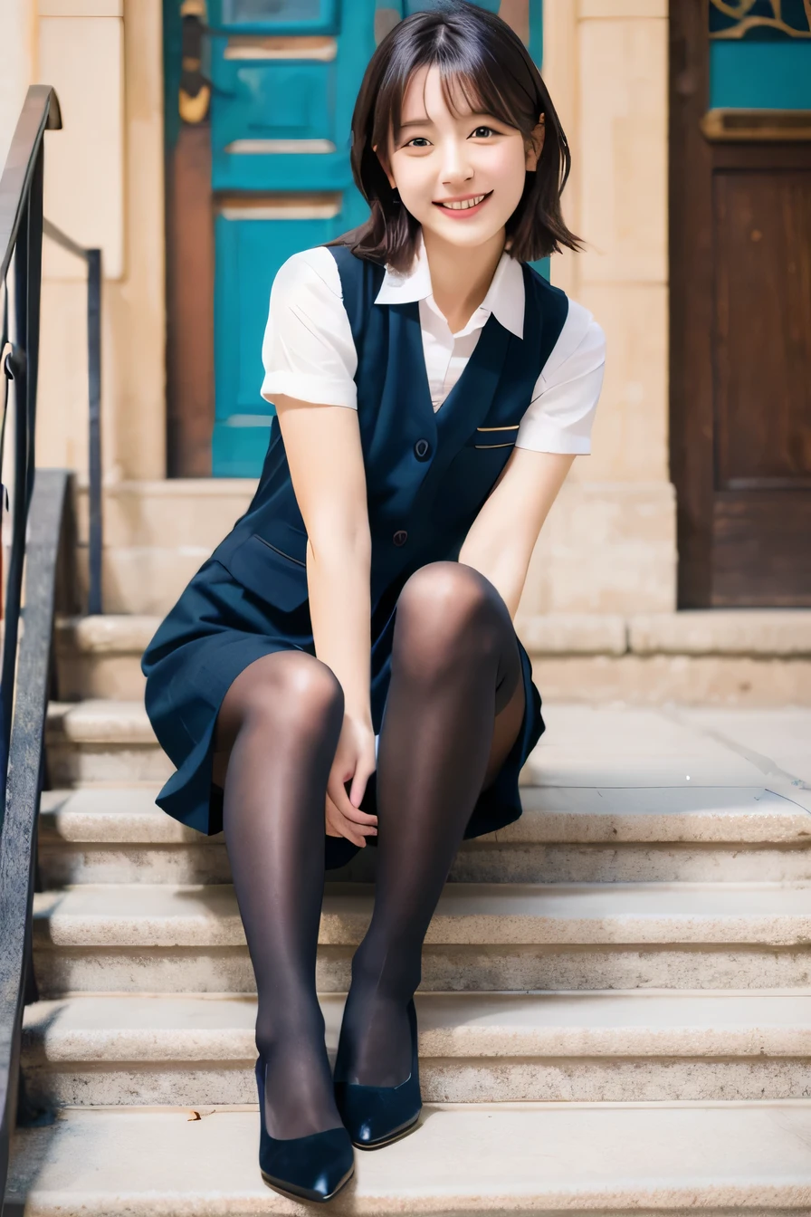 Ulzzang-6500-v1.1, (RAW Photos:1.2), (Photorealistic), (Genuine:1.4), １girl、Perfect Anatomy、Sit on the stairs、Full body photo、Looking at the camera、Black tights、pumps、Knee-length skirt、Black Hair、smile、Checked vest vest、、