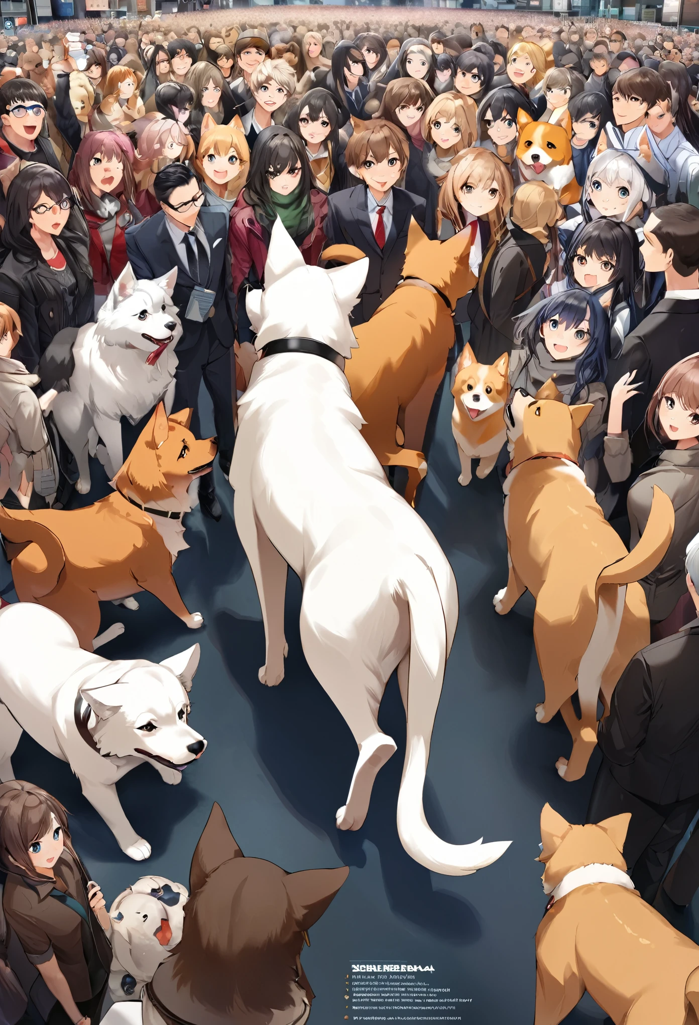 cover page, highres, top quality, best quality, paid reward available, unparalleled masterpiece, perfect artwork, absurdres, High-quality illustrations, super high resolution, detailed background, Crowded cityscape, Crowd, perfect anatomy(6+girls, 6+boys)(kemono)(furry)(Furry body, dog facial features, dog body features)(very detailed body fur)low angle full shot, shot from behind,