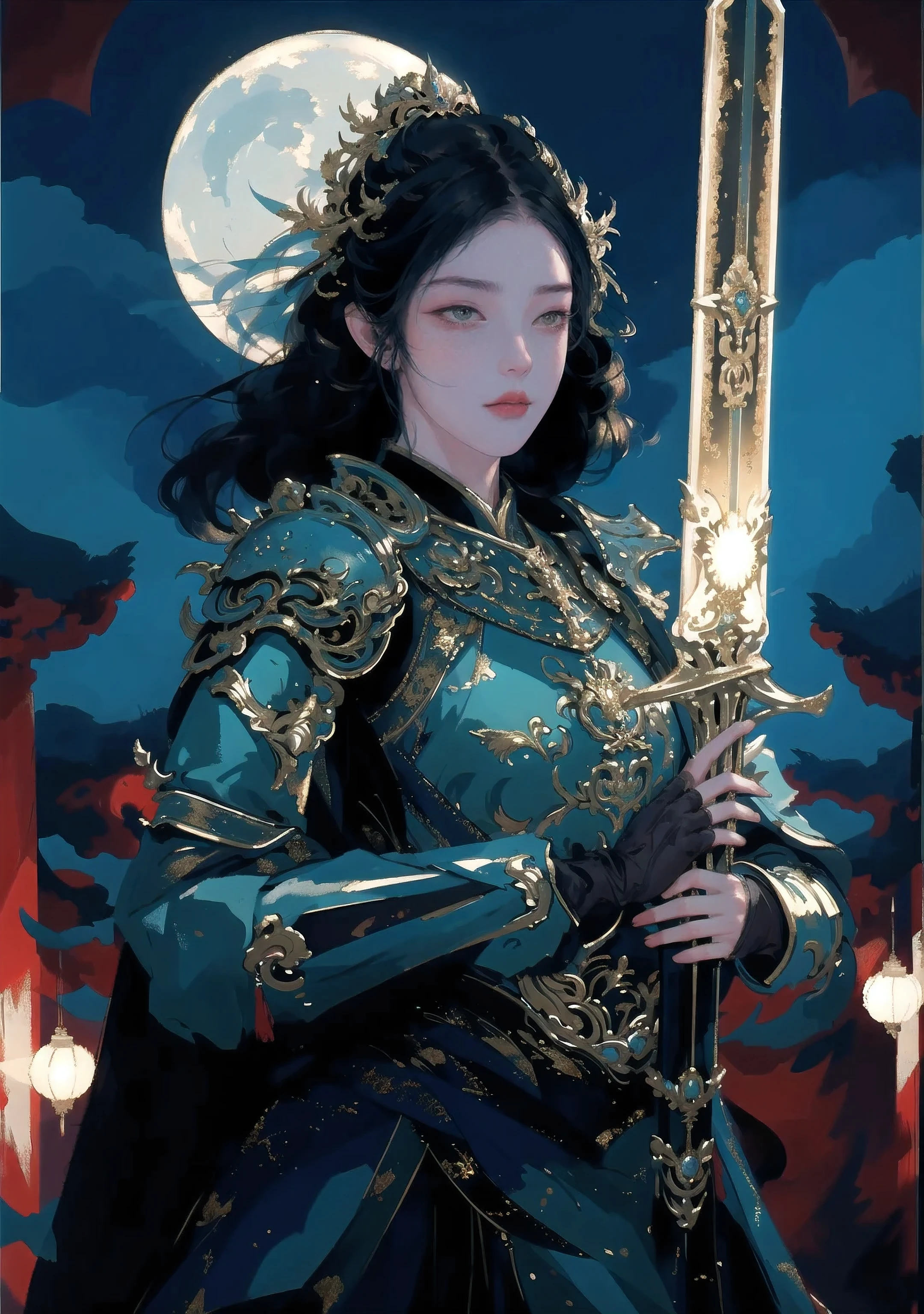 (best quality,4k,8k,highres,masterpiece:1.2),ultra-detailed,(realistic,photorealistic,photo-realistic:1.37),Chinese Knight,armor,female,clutching a sword,determined expression,dark and fiery atmosphere,shimmering steel armor,ornate helmet,majestic stance,rays of sunlight piercing through clouds,graceful flowing cape,battle scars telling tales of heroic battles,vibrant red and gold color scheme,illuminated by the warm golden light,soft shadows caressing the knight's face,sharp focus on the intricate details of the armor,clouds of smoke swirling around the knight,providing a mysterious and dramatic backdrop,breathtaking level of realism,captured with vivid colors and precise brushstrokes,dynamic composition with the knight positioned in the foreground,blurred background to create depth and emphasize the knight's presence,combining traditional Chinese art elements with a modern and cinematic style.