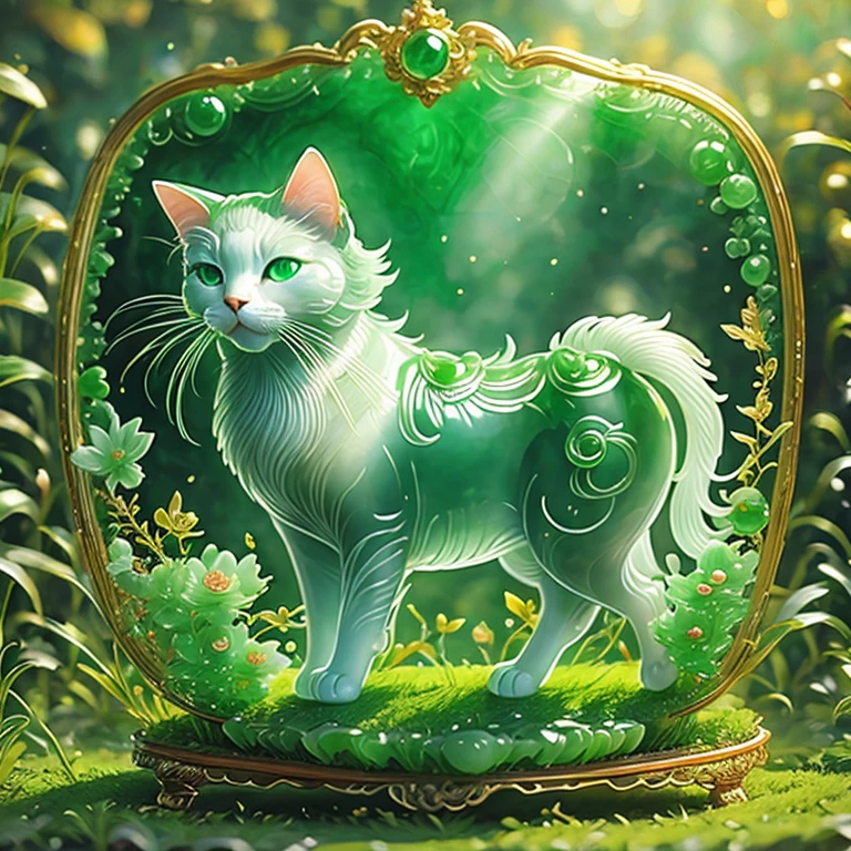 best quality, very good, 16K, ridiculous, Very detailed, beautiful cat，Made of translucent jadeite, Background grassland（（A masterpiece full of fantasy elements）））， （（best quality））， （（Intricate details））（8K）（HD）