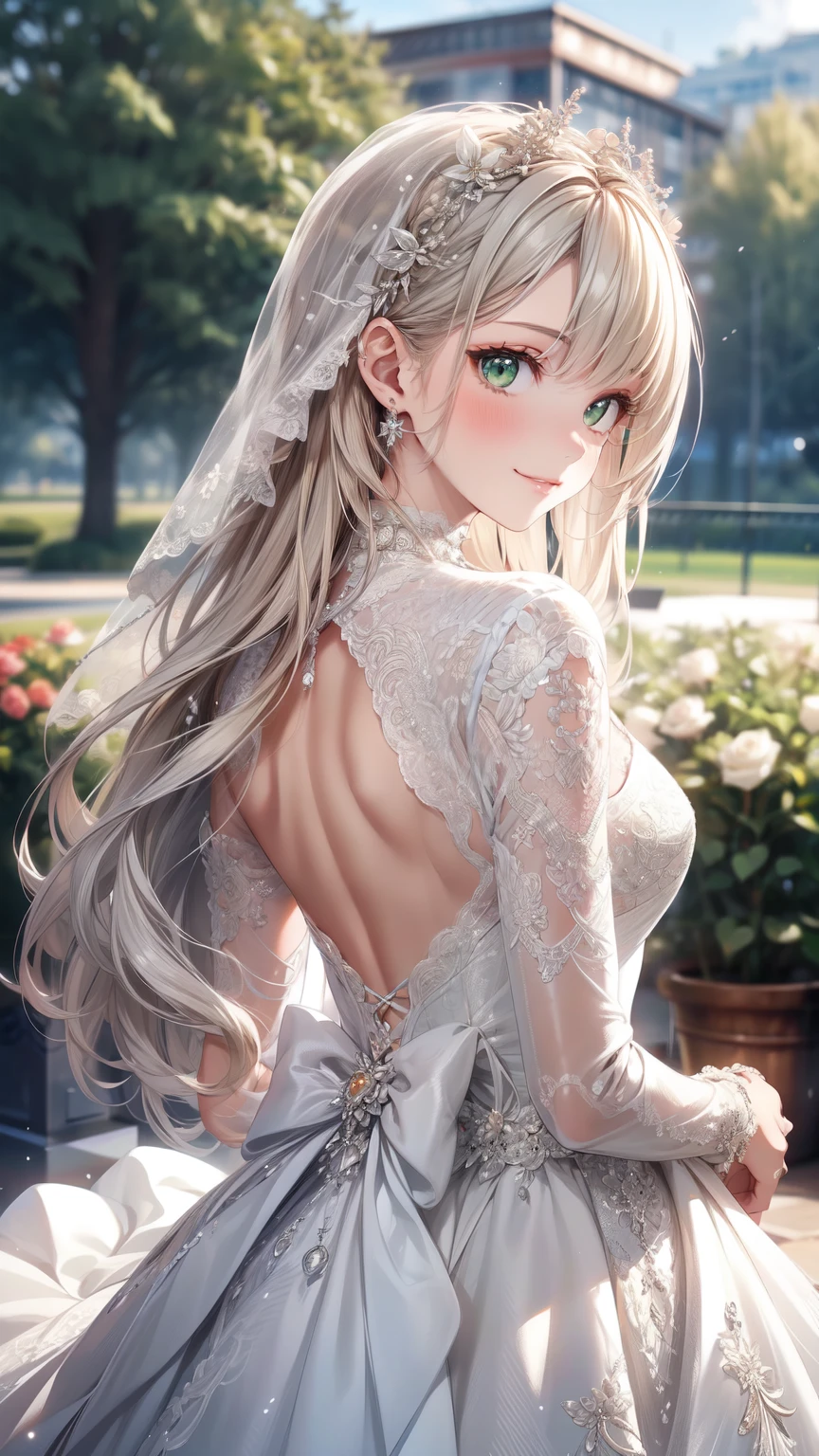 (masterpiece, highest quality, beautifully、aesthetic:1.3), Upper Body, Looking Back, View Viewer, One girl, alone, A light smile, (compensate, Long Hair, Light grey hair, Green Eyes:1.2), Ruani 0256, Bridal Veil, lace trim dress, See through, Wedding dress, Outdoor, White Rose, garden, morning, Are standing, Very detailed, 