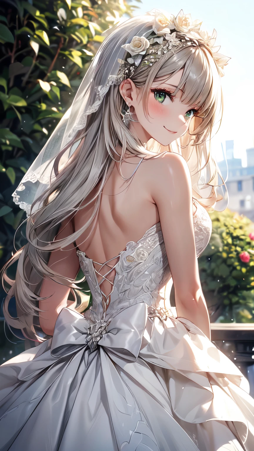 (masterpiece, highest quality, beautifully、aesthetic:1.3), Upper Body, Looking Back, View Viewer, One girl, alone, A light smile, (compensate, Long Hair, Light grey hair, Green Eyes:1.2), Ruani 0256, Bridal Veil, lace trim dress, See through, Wedding dress, Outdoor, White Rose, garden, morning, Are standing, Very detailed, 