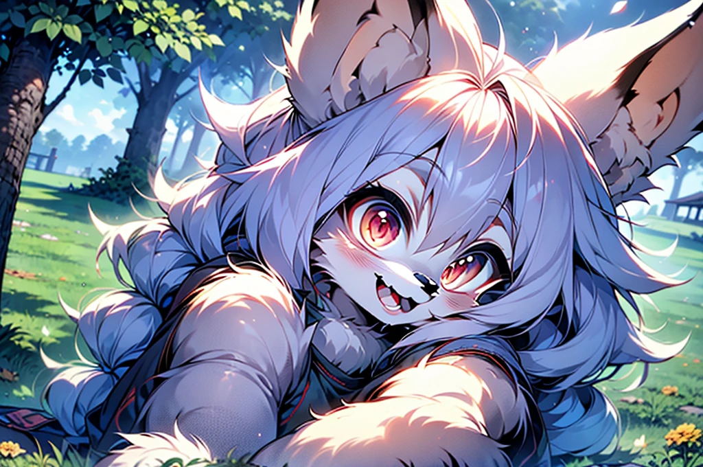 solo, teen fox furry girl with short dark silver hair, fluffy hair,, beautiful red eyes, wearing square glasses,  very  fluffy tail, smug grin 17 years old , very young body, flat chest, innocent and adorable,  feminine girl, thin, wearing  cute leggings and shirt, tilted head, smiling open mouth, teeth, happy, good mood, sitting in a grassy field surrounded by flowers, wind is blowing, excited, leaning back and relaxing, playful expression, side view