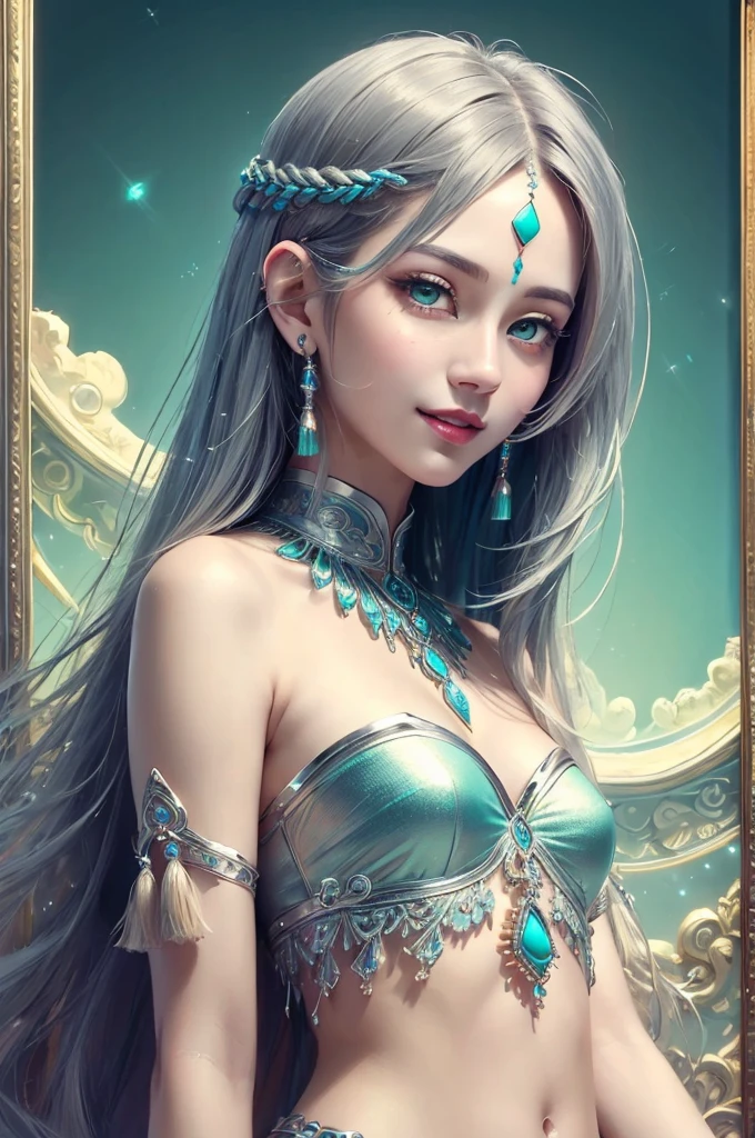 (masterpiece、highest quality、highest quality、Official Art、aesthetics:1.2)、(1 Girl:1.3)、(Fractal Art:1.3)、Focus on the eyes、Beautiful neon green eyes、Beautiful Skin、Archaic Smile、Medium length hair with silver tassels、Turquoise、Sparkling、ultra precise detailed