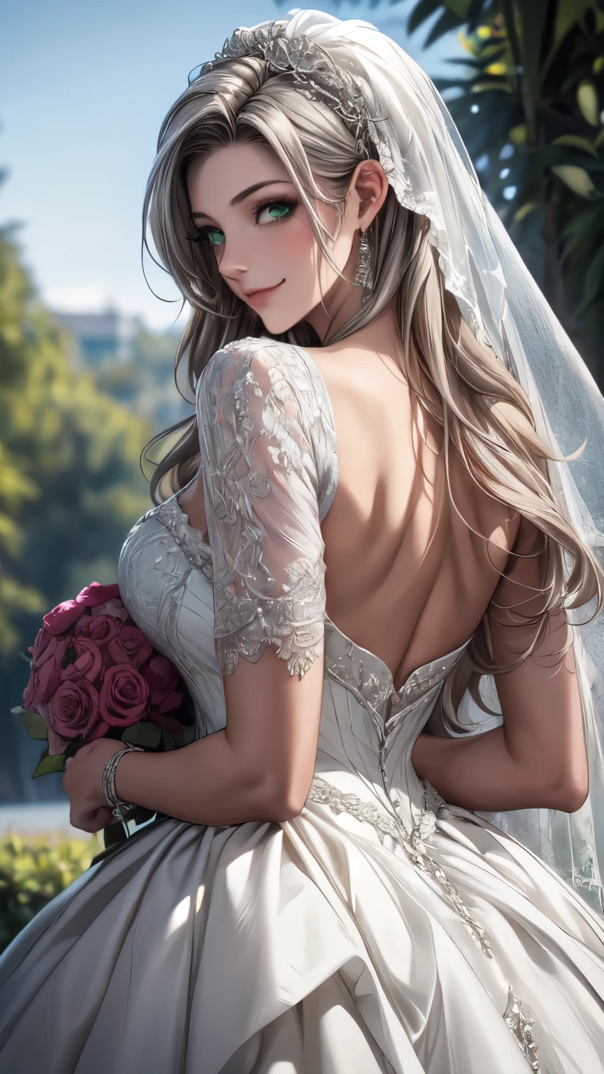 (masterpiece, highest quality, beautifully、aesthetic:1.3), Upper Body, Looking Back, View Viewer, One girl, alone, A light smile, (compensate, Long Hair, Light grey hair, Green Eyes:1.2), Ruani 0256, Bridal Veil, lace trim dress, See through, Wedding dress, Outdoor, White Rose, garden, morning, Are standing, Very detailed, 