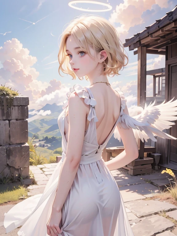 masterpiece, highest quality, Very detailed, 16k, Ultra-high resolution, Cowboy Shot, One 14-year-old girl, Detailed face, Perfect Fingers, Angel halo on head, Golden Eyes, Blonde, short hair, Thin and light clothing, Angel wings growing on the back, Above the Clouds, temple, Fantastic landscape, Flying on angel wings