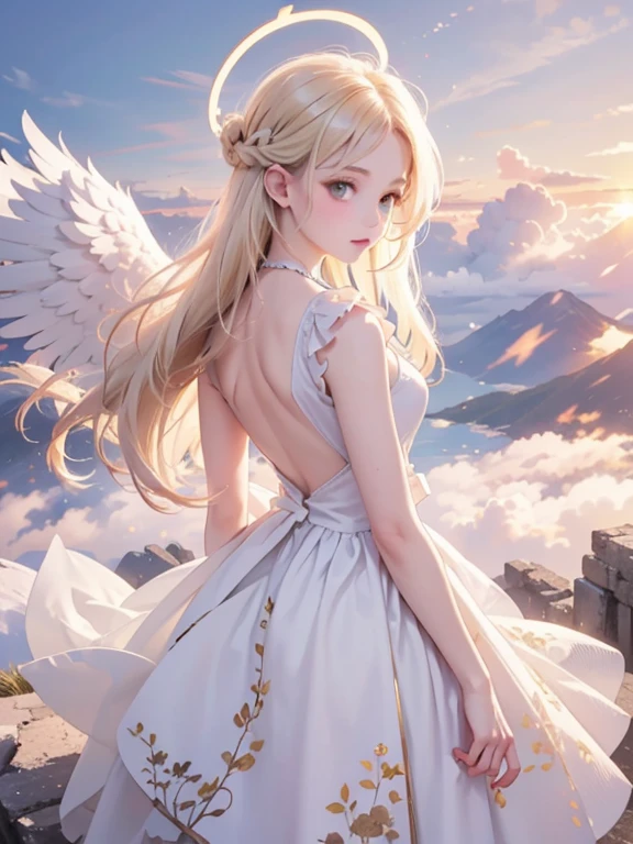 傑作, 最高品質, 非常に詳細, 16K, 超高解像度, カウボーイショット, 14歳の少女, 詳細な顔, 完璧な指, 天使は頭に天使の光輪, 金色の目, ブロンド, 編み込み, 薄くて軽い服, 背中に生えた天使の羽, 雲の上, 寺, 素晴らしい風景, 天使の羽で飛ぶ