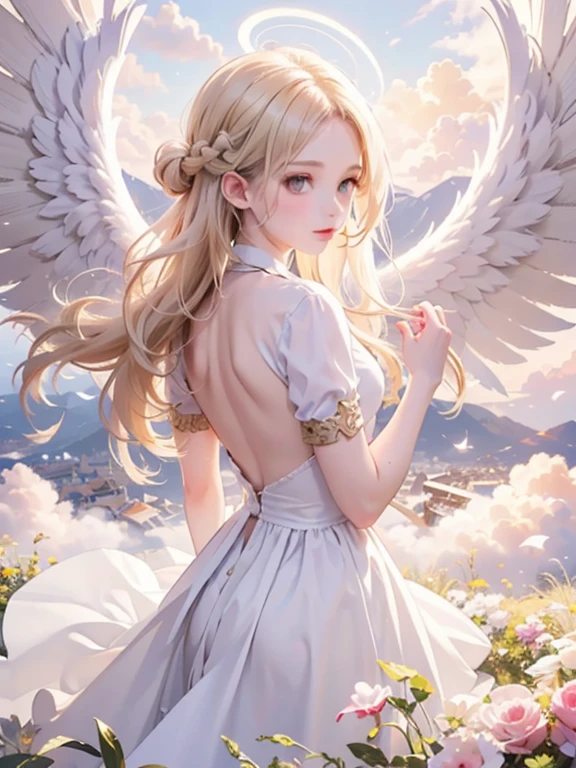 傑作, 最高品質, 非常に詳細, 16K, 超高解像度, カウボーイショット, 14歳の少女, 詳細な顔, 完璧な指, 天使は頭に天使の光輪, 金色の目, ブロンド, 編み込み, 薄くて軽い服, 背中に生えた天使の羽, 雲の上, 寺, 素晴らしい風景, 天使の羽で飛ぶ
