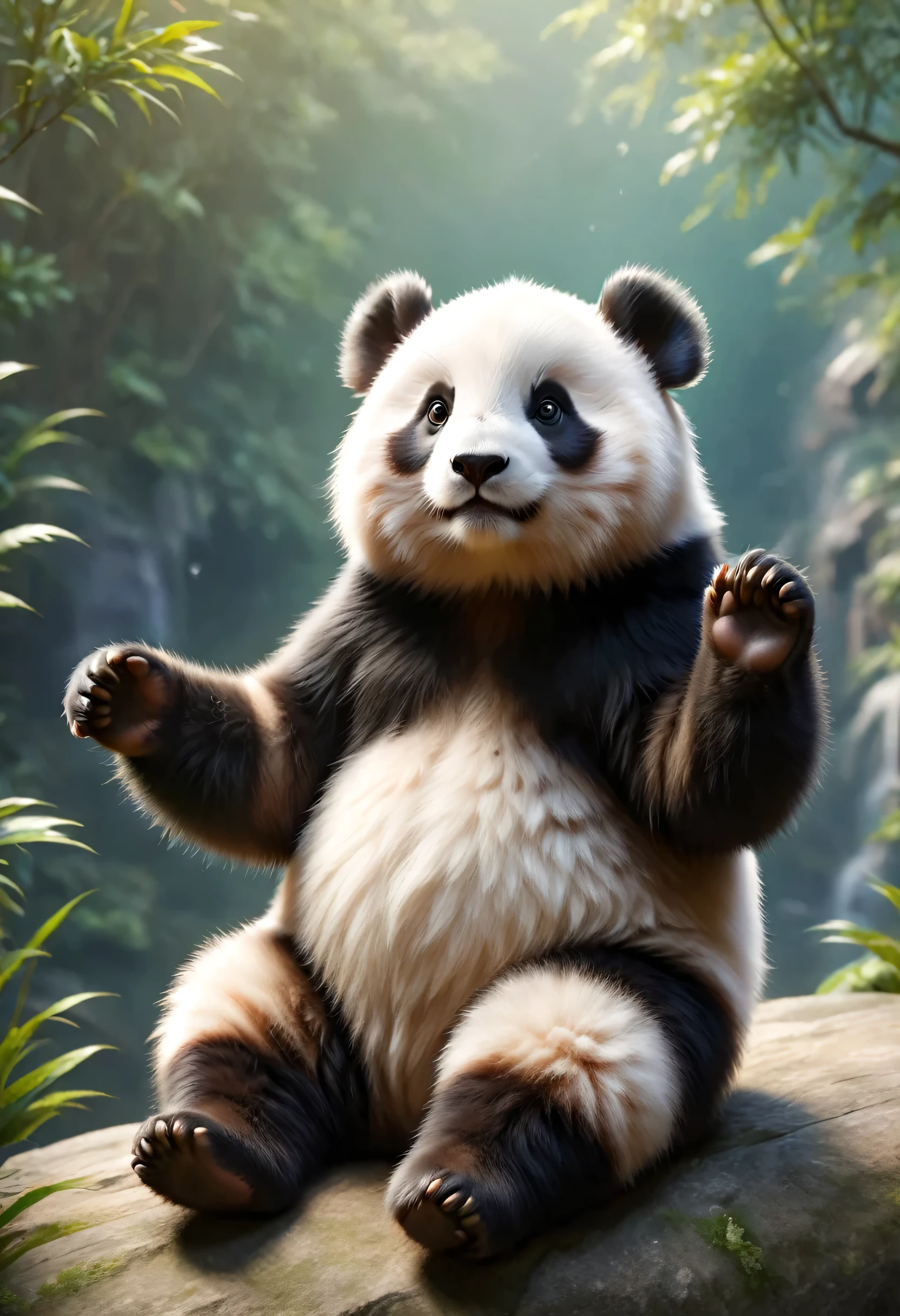[Cute Panda greets the viewers,Panda close-up, Raise your hand,Sitting,Anatomically correct,smile,Pierre＝Art by Auguste Renoir and Jeremy Mann, (Viewpoint angle:1.2), Realistic, Ray Tracing, Beautiful lighting,masterpiece,The best composition,The best balance,:RAW Photos,National Geographic,Photorealistic,Cute Panda,The best masterpiece,Fluffy Panda,happiness,Beautiful light and shadow,Reality,Blurred Background:0.35]