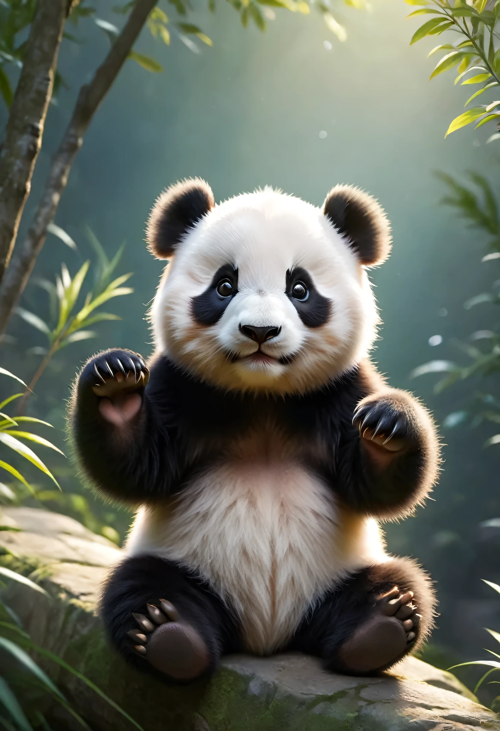 [Cute Panda greets the viewers,Panda close-up, Raise your hand,Sitting,Anatomically correct,smile,Pierre＝Art by Auguste Renoir and Jeremy Mann, (Viewpoint angle:1.2), Realistic, Ray Tracing, Beautiful lighting,masterpiece,The best composition,The best balance,:RAW Photos,National Geographic,Photorealistic,Cute Panda,The best masterpiece,Fluffy Panda,happiness,Beautiful light and shadow,Reality,Blurred Background:0.35]