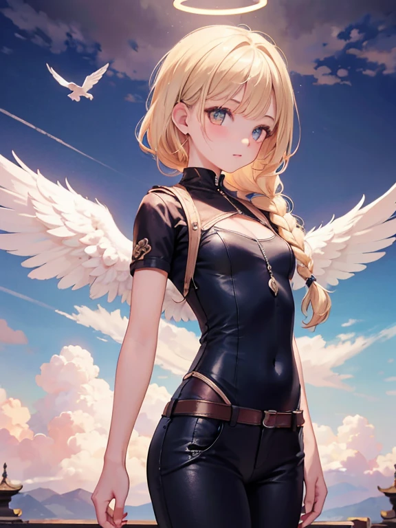 masterpiece, highest quality, Very detailed, 16k, Ultra-high resolution, Cowboy Shot, One 14-year-old girl, Detailed face, Perfect Fingers, Angel halo on head, Golden Eyes, Blonde, Braid, Thin and light clothing, Angel wings growing on the back, Above the Clouds, temple, Fantastic landscape, Flying on angel wings