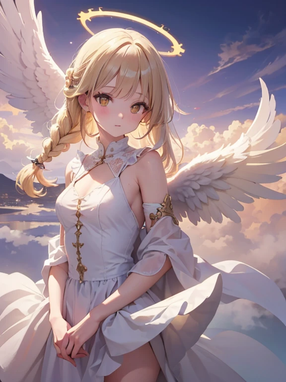 masterpiece, highest quality, Very detailed, 16k, Ultra-high resolution, Cowboy Shot, One 9-year-old girl, Detailed face, Perfect Fingers, Angel halo on head, Golden Eyes, Blonde, Braid, Thin and light clothing, Angel wings growing on the back, Above the Clouds, temple, Fantastic landscape, Flying on angel wings