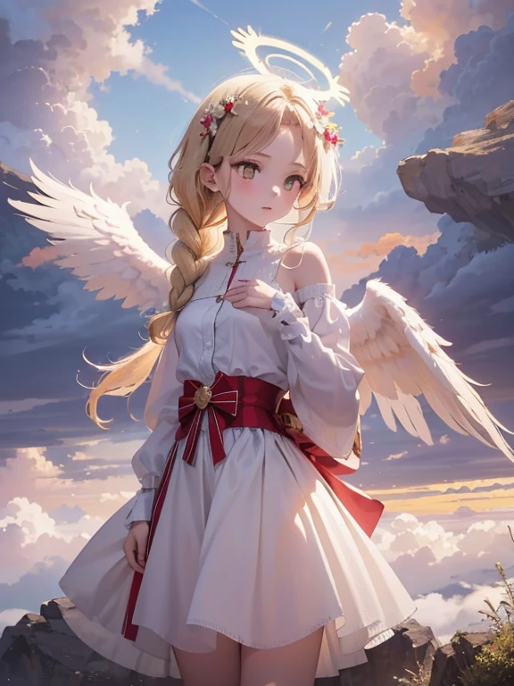 傑作, 最高品質, 非常に詳細, 16K, 超高解像度, カウボーイショット, 9歳の女の子, 詳細な顔, 完璧な指, 天使は頭に天使の光輪, 金色の目, ブロンド, 編み込み, 薄くて軽い服, 背中に生えた天使の羽, 雲の上, 寺, 素晴らしい風景, 天使の羽で飛ぶ