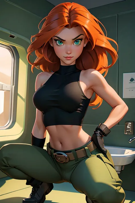 1girl, squatting pose, in an airplane lavatory, looking at the viewer, POV, Kim Possible, wearing (Orange-red hair, green eyes, ...