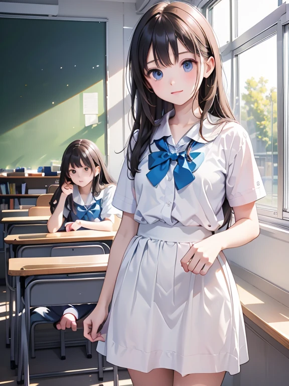 masterpiece, highest quality, Very detailed, 16k, Ultra-high resolution, Wide-angle shot, 14 years old, Group of girls in class, Detailed face, Perfect Fingers, , classroom, Chatting with a friend