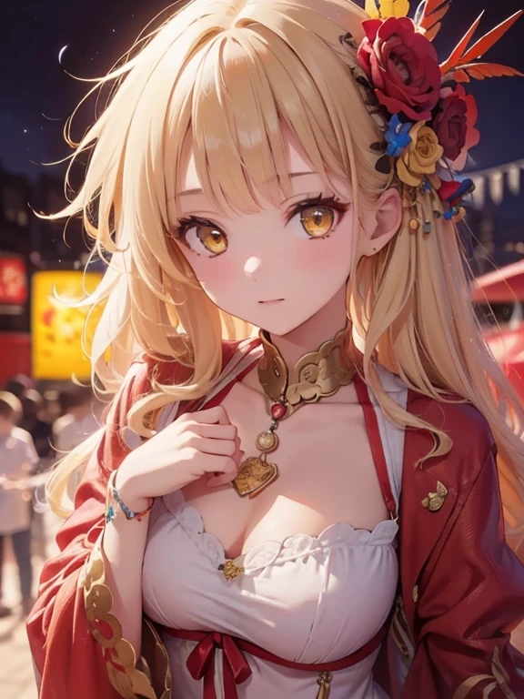 masterpiece, highest quality, Very detailed, 16k, Ultra-high resolution, Cowboy Shot, One 14-year-old girl, Detailed face, Perfect Fingers, Golden Eyes, Blonde, Carnival Costumes, Attending the Rio Carnival