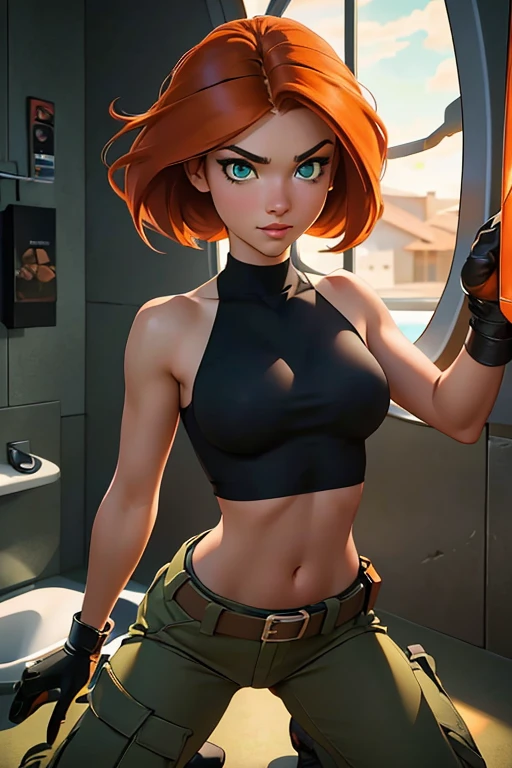 1girl, kneeling pose, in an airplane lavatory, looking up at the viewer, POV, Kim Possible, wearing (Orange-red hair, green eyes, confident expression, black crop top, black gloves, brown belt, green cargo pants:1.1), ((detailed)), ((best quality)), ((masterpiece)), extremely detailed CG unity 8k wallpaper, 32k, focus sharp, photo of perfecteyes eyes, perfecteyes eyes, Masterpiece, raw, beautiful art, professional artist, 8k, very detailed face, very detailed hair, perfectly drawn body, beautiful face, very detailed eyes, smiling, rosey cheeks, intricate details in eyes, perfect fit body, beautiful body, extremely detailed, intricate details, highly detailed, sharp focus, detailed skin, realistic skin texture, texture, detailed eyes, high resolution, kodak vision color, foto_\(ultra\), post-processing, maximum detail, roughness, real life, ultra realistic, photorealism, photography, absurdres, RAW photo, highest quality, high detail RAW color photo, professional photo, extremely detailed UHD 8k wallpaper unit, best quality, highres, (masterpiece, top quality, high resolution:1.4), photo, cinematic, film grain, sharp, soft natural light, magic photography, super detailed, anatomically correct, perfect anatomy, cameltoe.