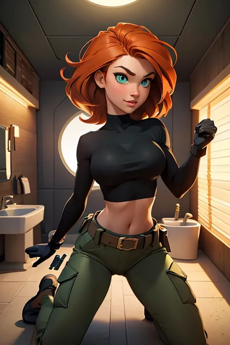 1girl, kneeling pose, in an airplane lavatory, looking up at the viewer, POV, Kim Possible, wearing (Orange-red hair, green eyes...