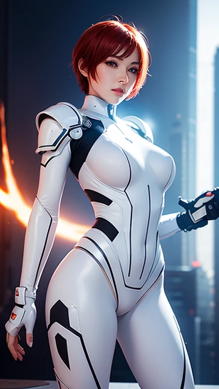 beautiful woman warrior in white shiny armor ninja jumpsuit ,red short hair , beautiful  belly breasts ,holds a cyber gun ,dynamic pose, medium long shot .,sci-fi city and light bokeh background