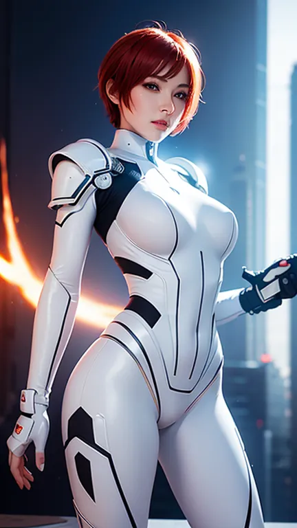 beautiful woman warrior in white shiny armor ninja jumpsuit ,red short hair , beautiful  belly breasts ,holds a cyber gun ,dynam...