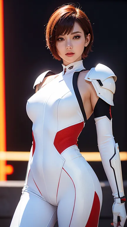 beautiful woman warrior in white shiny armor ninja jumpsuit ,red short hair , beautiful  belly breasts ,holds a cyber gun ,dynam...