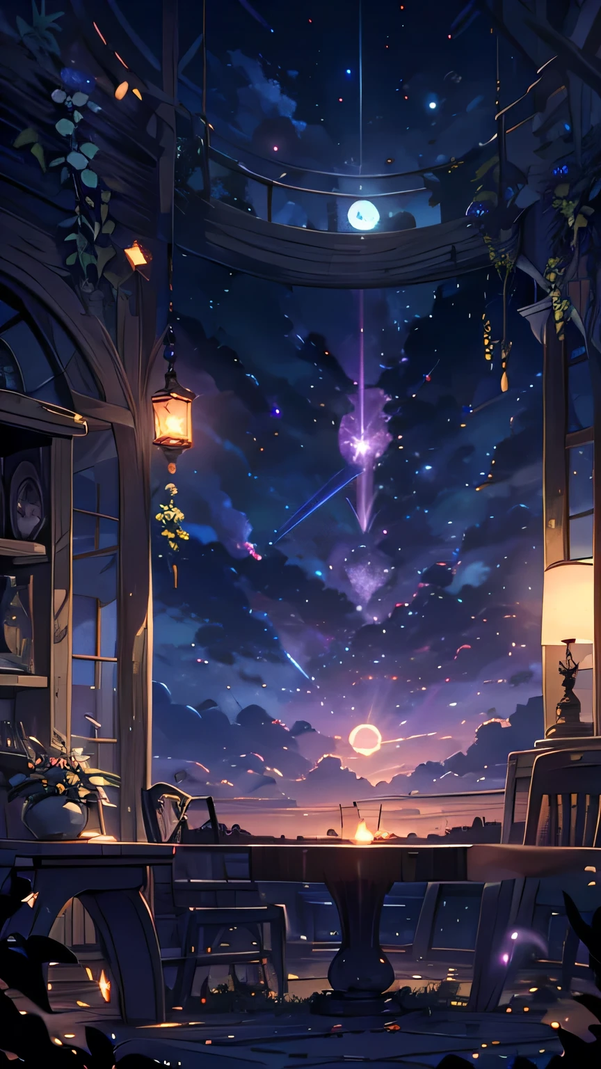 Makoto Shinkai, Vast landscape photography , (View from below，Shows the sky above and below), (full moon:1.2), ( meteor:0.9), (Star Cloud:1.3), Lamp light, Lots of purple and orange, Intricate details, Volumetric Lighting Break (masterpiece:1.2), (highest quality), 4K, Very detailed, (Dynamic configuration:1.4), Very detailed, Colorful details,( Rainbow-colored:1.2), (Bright lighting, Atmospheric lighting), dream-like, magic, (alone:1.2)