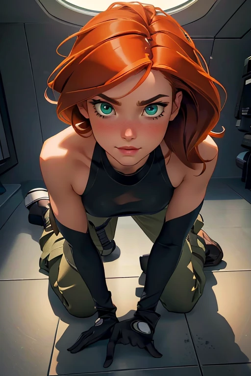 1girl, kneeling pose, in an American Airlines lavatory, looking up at the viewer, POV, camera from above, Kim Possible, wearing (Orange-red hair, green eyes, confident expression, black crop top, black gloves, brown belt, green cargo pants:1.1), hot, horny, aroused, blushing, ((detailed)), ((best quality)), ((masterpiece)), extremely detailed CG unity 8k wallpaper, 32k, focus sharp, photo of perfecteyes eyes, perfecteyes eyes, Masterpiece, raw, beautiful art, professional artist, 8k, very detailed face, very detailed hair, perfectly drawn body, beautiful face, very detailed eyes, smiling, rosey cheeks, intricate details in eyes, perfect fit body, beautiful body, extremely detailed, intricate details, highly detailed, sharp focus, detailed skin, realistic skin texture, texture, detailed eyes, high resolution, kodak vision color, foto_\(ultra\), post-processing, maximum detail, roughness, real life, ultra realistic, photorealism, photography, absurdres, RAW photo, highest quality, high detail RAW color photo, professional photo, extremely detailed UHD 8k wallpaper unit, best quality, highres, (masterpiece, top quality, high resolution:1.4), photo, cinematic, film grain, sharp, soft natural light, magic photography, super detailed, anatomically correct, perfect anatomy, cameltoe.