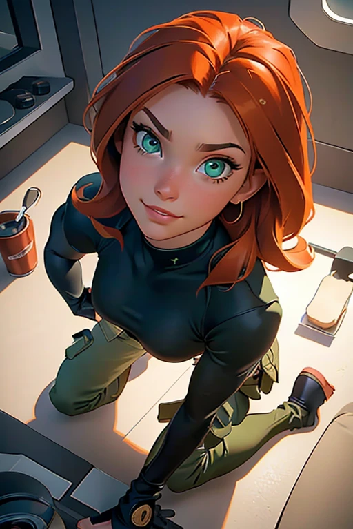 1girl, kneeling pose, in an American Airlines lavatory, looking up at the viewer, POV, camera from above, Kim Possible, wearing (Orange-red hair, green eyes, confident expression, black crop top, black gloves, brown belt, green cargo pants:1.1), hot, horny, aroused, blushing, ((detailed)), ((best quality)), ((masterpiece)), extremely detailed CG unity 8k wallpaper, 32k, focus sharp, photo of perfecteyes eyes, perfecteyes eyes, Masterpiece, raw, beautiful art, professional artist, 8k, very detailed face, very detailed hair, perfectly drawn body, beautiful face, very detailed eyes, smiling, rosey cheeks, intricate details in eyes, perfect fit body, beautiful body, extremely detailed, intricate details, highly detailed, sharp focus, detailed skin, realistic skin texture, texture, detailed eyes, high resolution, kodak vision color, foto_\(ultra\), post-processing, maximum detail, roughness, real life, ultra realistic, photorealism, photography, absurdres, RAW photo, highest quality, high detail RAW color photo, professional photo, extremely detailed UHD 8k wallpaper unit, best quality, highres, (masterpiece, top quality, high resolution:1.4), photo, cinematic, film grain, sharp, soft natural light, magic photography, super detailed, anatomically correct, perfect anatomy, cameltoe.