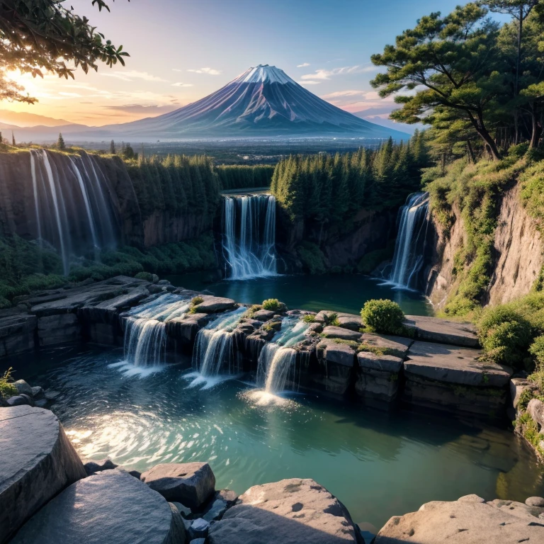 highest quality、、masterpiece:1.8、、Open-air bath、waterfall、,、、、A spectacular view that brings good fortune just by looking at it、A sight that brings peace to the world just by looking at it、A view that will make you healthier and live longer just by looking at it、、Aurora、、Fuji Mountain、sunrise、