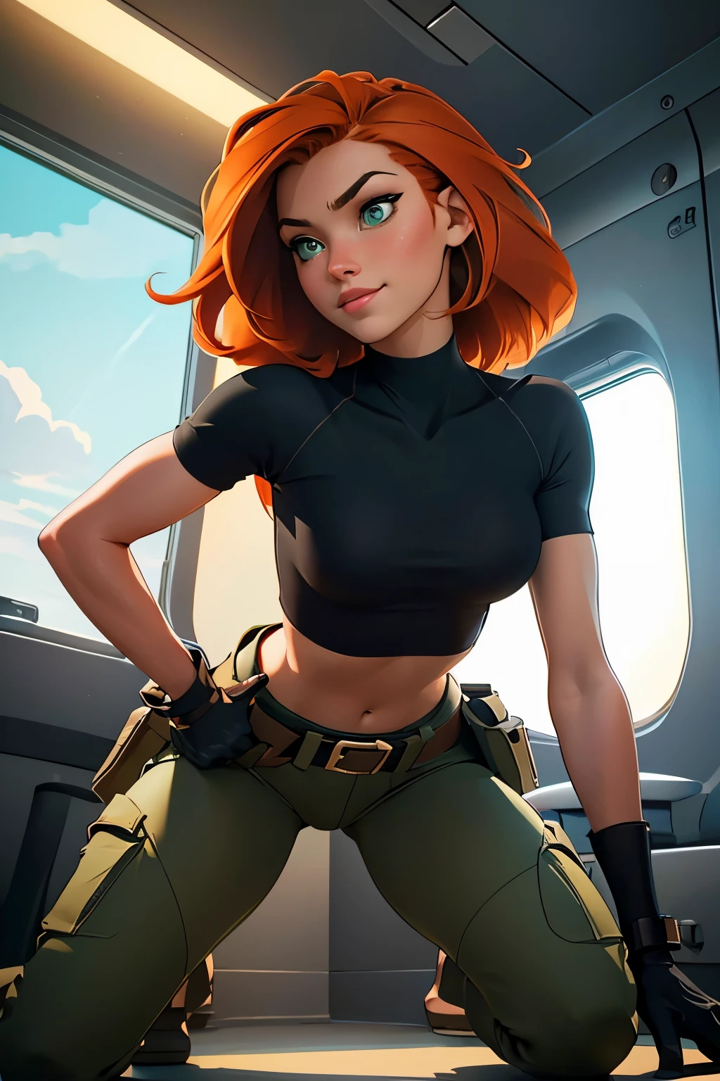 1girl, kneeling pose, in an airplane lavatory, looking up at the viewer, POV, Kim Possible, wearing (Orange-red hair, green eyes, confident expression, black crop top, black gloves, brown belt, green cargo pants:1.1), ((detailed)), ((best quality)), ((masterpiece)), extremely detailed CG unity 8k wallpaper, 32k, focus sharp, photo of perfecteyes eyes, perfecteyes eyes, Masterpiece, raw, beautiful art, professional artist, 8k, very detailed face, very detailed hair, perfectly drawn body, beautiful face, very detailed eyes, smiling, rosey cheeks, intricate details in eyes, perfect fit body, beautiful body, extremely detailed, intricate details, highly detailed, sharp focus, detailed skin, realistic skin texture, texture, detailed eyes, high resolution, kodak vision color, foto_\(ultra\), post-processing, maximum detail, roughness, real life, ultra realistic, photorealism, photography, absurdres, RAW photo, highest quality, high detail RAW color photo, professional photo, extremely detailed UHD 8k wallpaper unit, best quality, highres, (masterpiece, top quality, high resolution:1.4), photo, cinematic, film grain, sharp, soft natural light, magic photography, super detailed, anatomically correct, perfect anatomy, cameltoe.