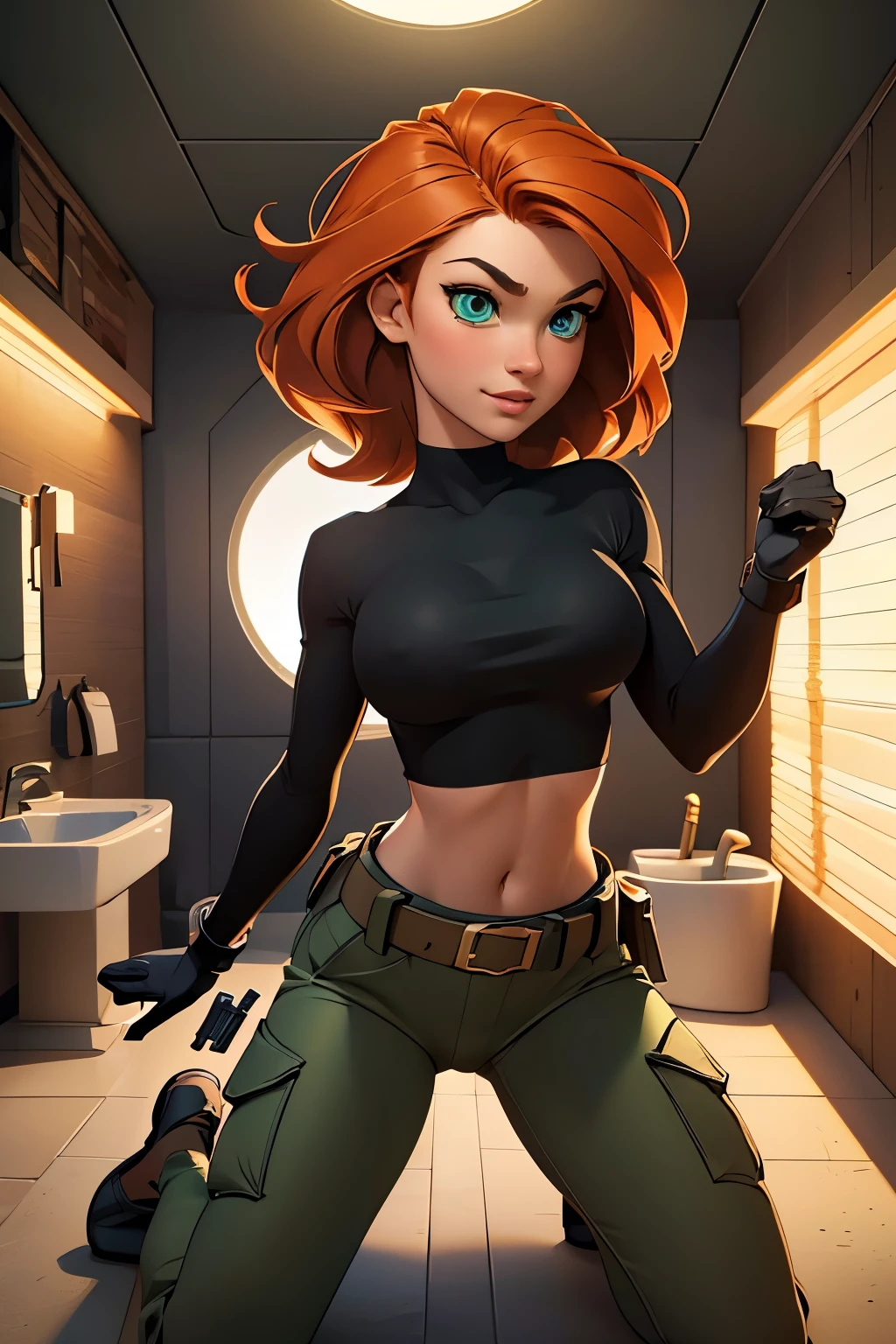1girl, kneeling pose, in an airplane lavatory, looking up at the viewer, POV, Kim Possible, wearing (Orange-red hair, green eyes, confident expression, black crop top, black gloves, brown belt, green cargo pants:1.1), ((detailed)), ((best quality)), ((masterpiece)), extremely detailed CG unity 8k wallpaper, 32k, focus sharp, photo of perfecteyes eyes, perfecteyes eyes, Masterpiece, raw, beautiful art, professional artist, 8k, very detailed face, very detailed hair, perfectly drawn body, beautiful face, very detailed eyes, smiling, rosey cheeks, intricate details in eyes, perfect fit body, beautiful body, extremely detailed, intricate details, highly detailed, sharp focus, detailed skin, realistic skin texture, texture, detailed eyes, high resolution, kodak vision color, foto_\(ultra\), post-processing, maximum detail, roughness, real life, ultra realistic, photorealism, photography, absurdres, RAW photo, highest quality, high detail RAW color photo, professional photo, extremely detailed UHD 8k wallpaper unit, best quality, highres, (masterpiece, top quality, high resolution:1.4), photo, cinematic, film grain, sharp, soft natural light, magic photography, super detailed, anatomically correct, perfect anatomy, cameltoe.
