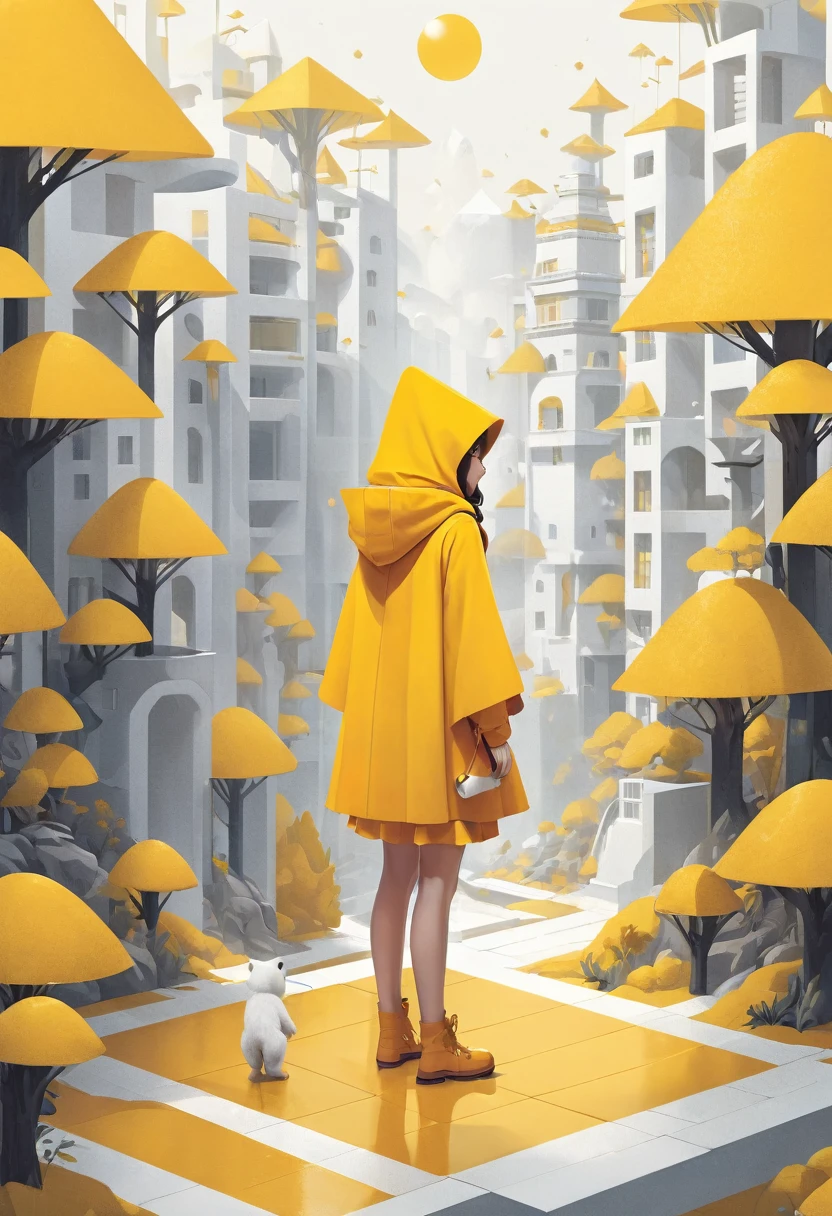 Compose an isometric minimalist design,showcasing a 'Little Sunshine Yellow Riding Hood'  girl standing with a 'Dreamy Bear', Employ neo-pop style illustrations, minimalist canvases, and animated visuals, using a clear white and Sunshine Yellow palette. Artists for reference include Ayako Ishiguro, Florence Harrison, and Anton Semenov.